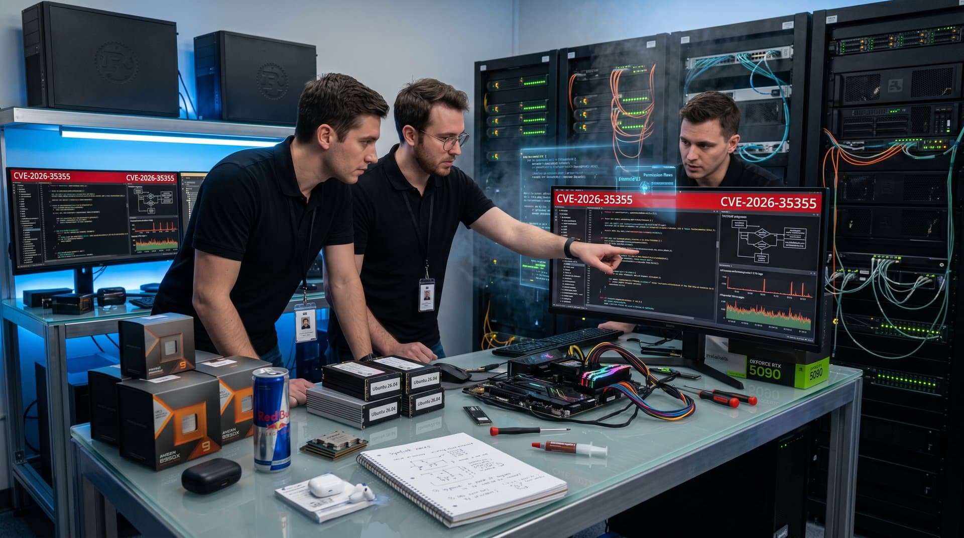 PC lab workbench with Ryzen CPUs, NVMe SSDs, monitor showing uutils CVEs and Rust bugs amid server racks