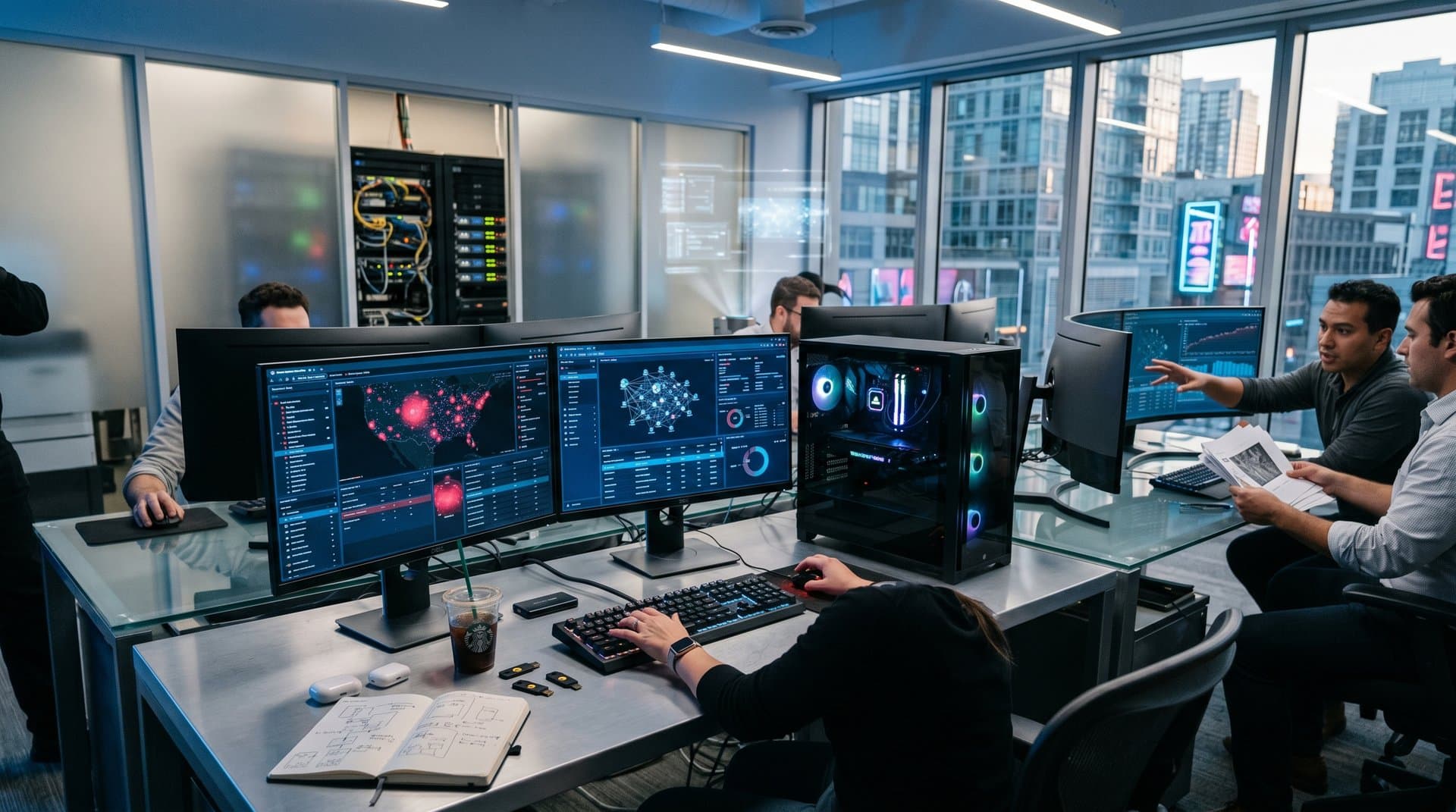 High-end PC workstation displaying cybersecurity threat dashboards and AI NPU performance metrics in modern ops center