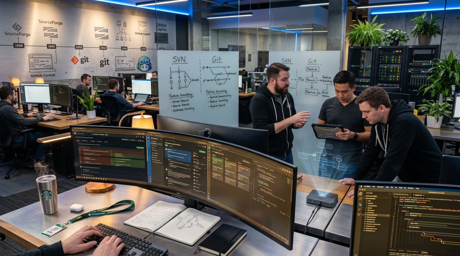 Developer workspace showing version control evolution from SourceForge to GitHub on multi-monitors