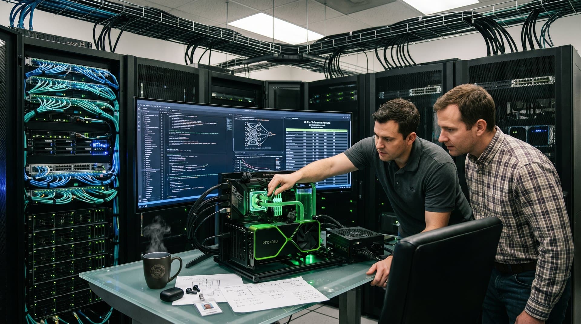 Futuristic AI workstation featuring NVIDIA H100 GPUs, neural networks on monitors, and enterprise server racks in cyberpunk style. 102 chars