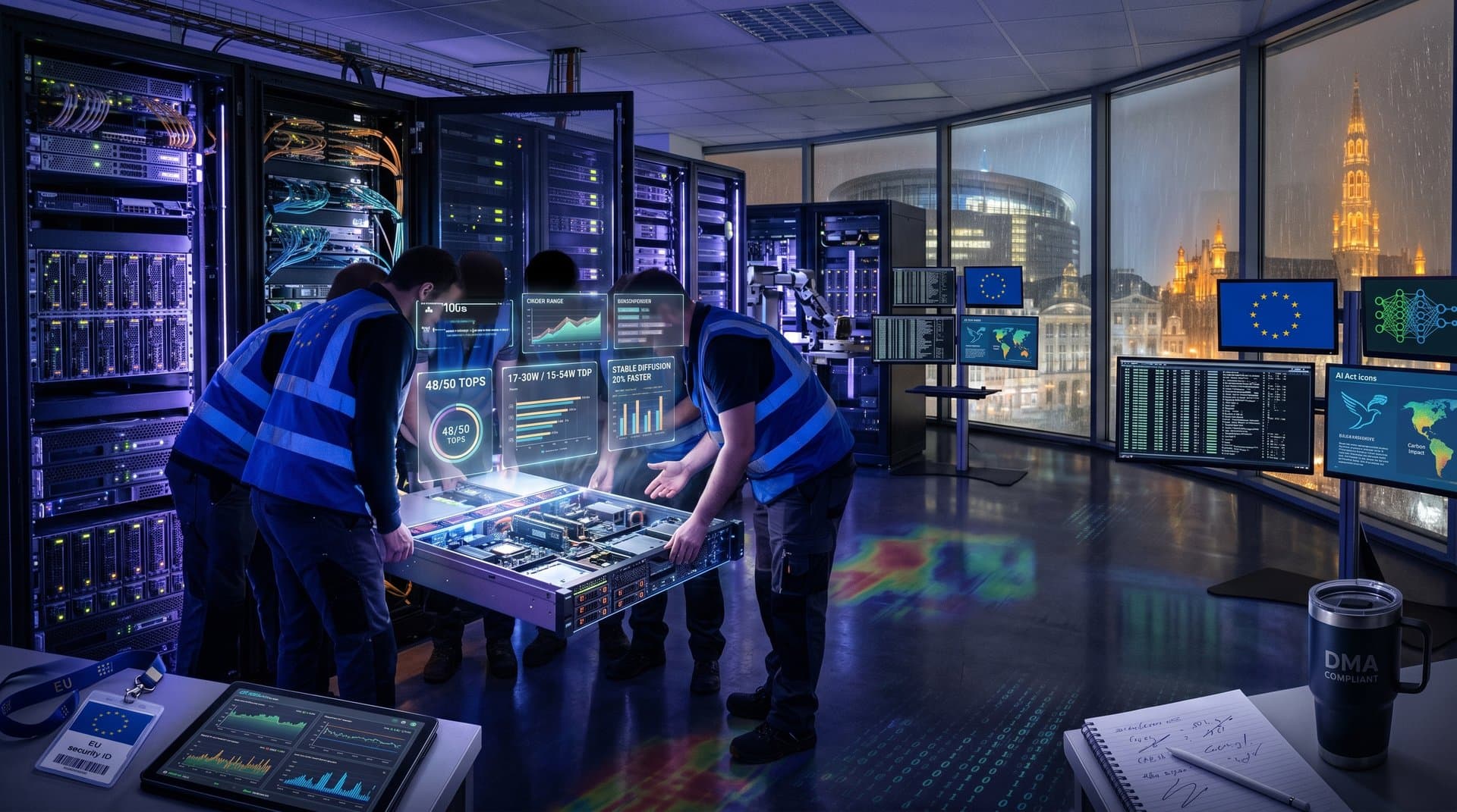 Server racks with Intel Lunar Lake and AMD Ryzen AI in EU data center, compliance screens show TOPS performance.