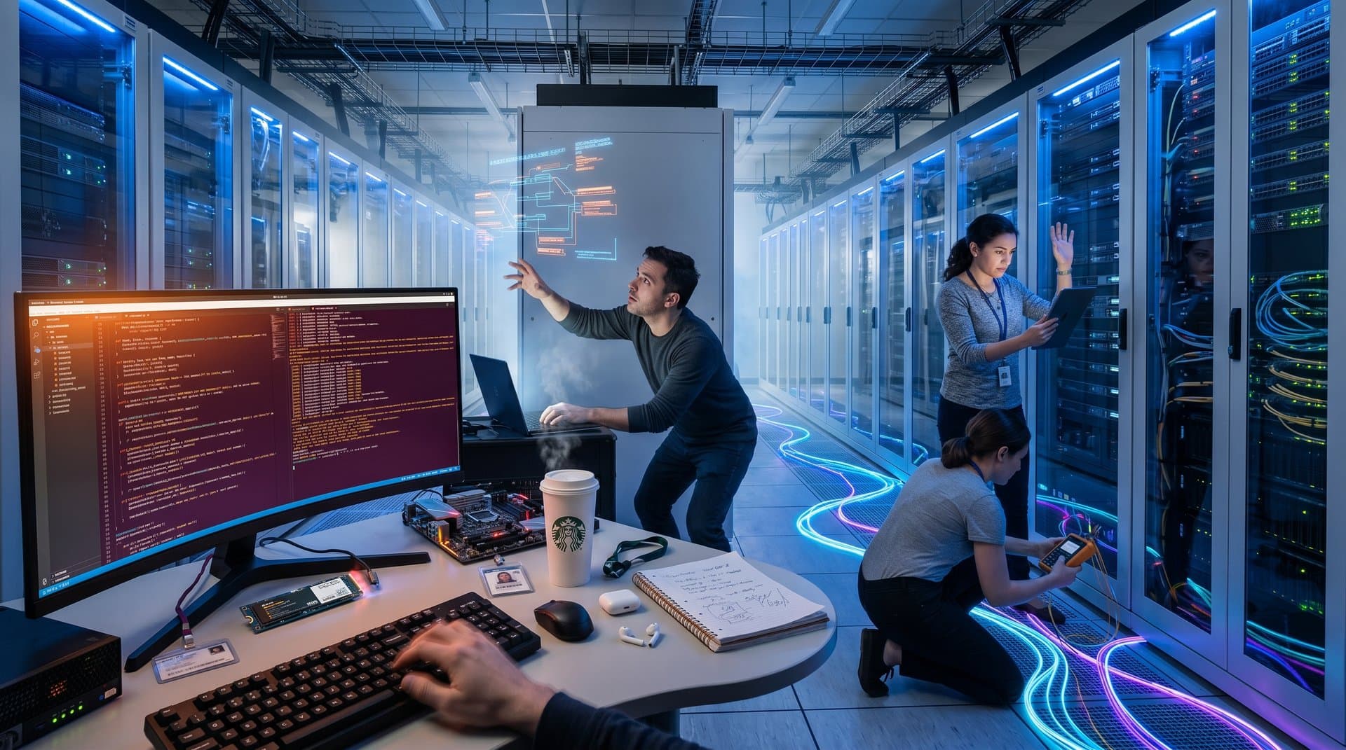 Cyberpunk server room with Rust code errors, CVE lists, and PC hardware amid security threats