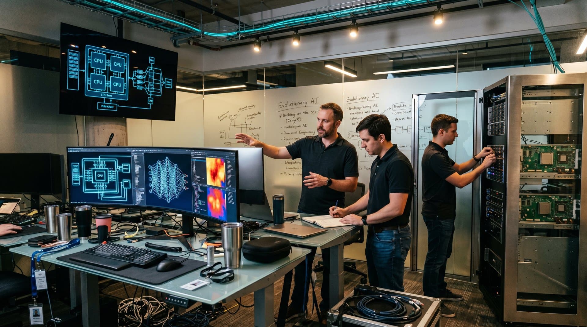 High-tech lab with monitors showing CPU designs, neural graphs, GPU racks, and architecture visualizations in cyberpunk style