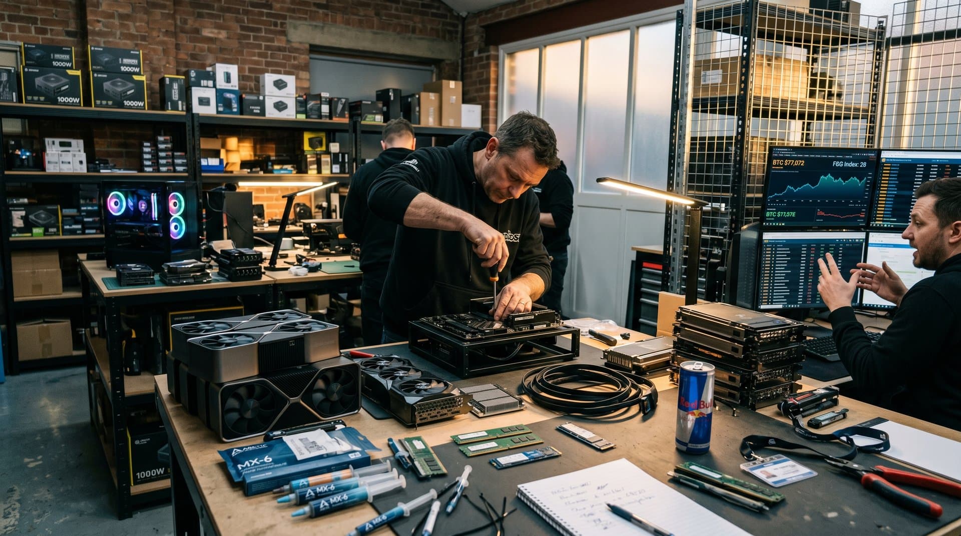 PC builder's workbench with used RTX 4090 GPUs, crypto charts, and mining hardware components