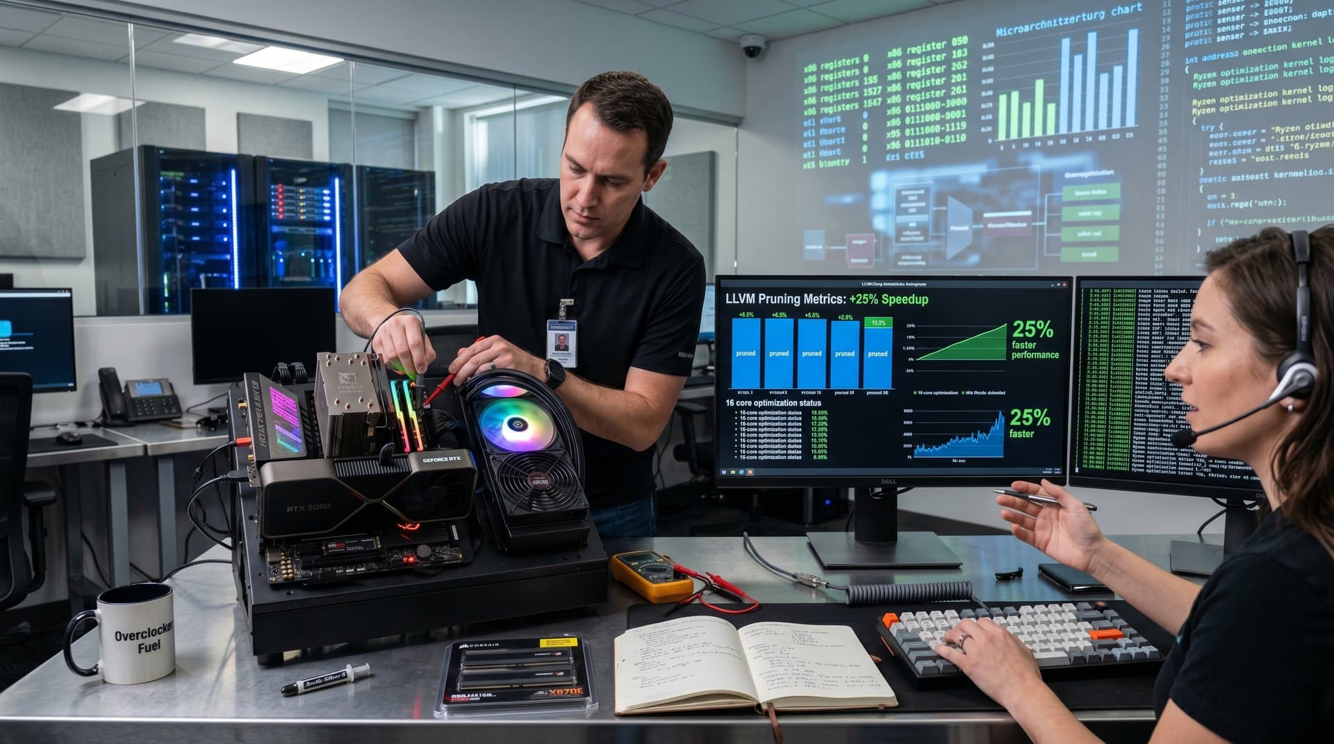 PC test bench with Ryzen 9950X and LLVM compiler screens showing low-compilation-cost register allocation optimization