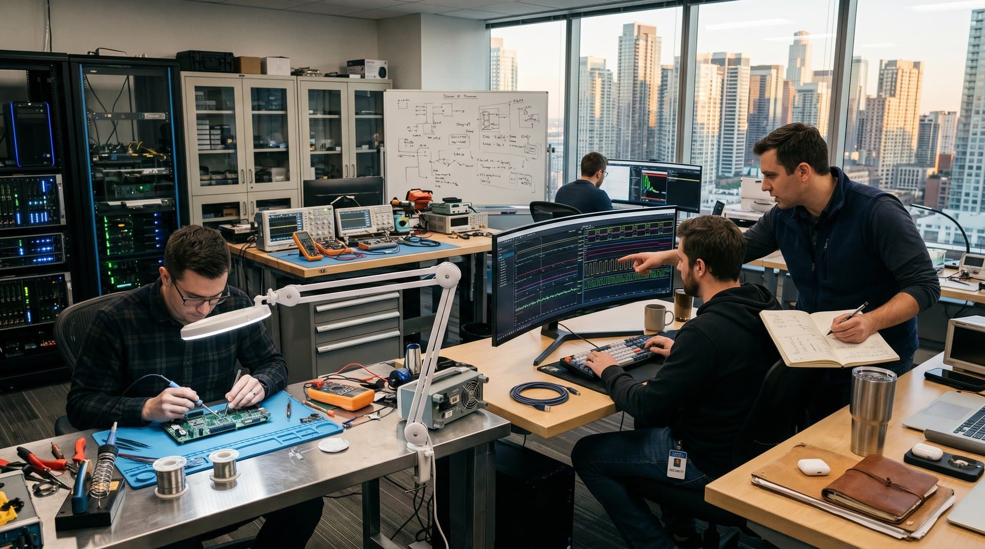 PC hardware lab with RISC-V diagrams on monitors, FPGA boards on desks, GPU setups, and AI optimization visuals in modern tech environment