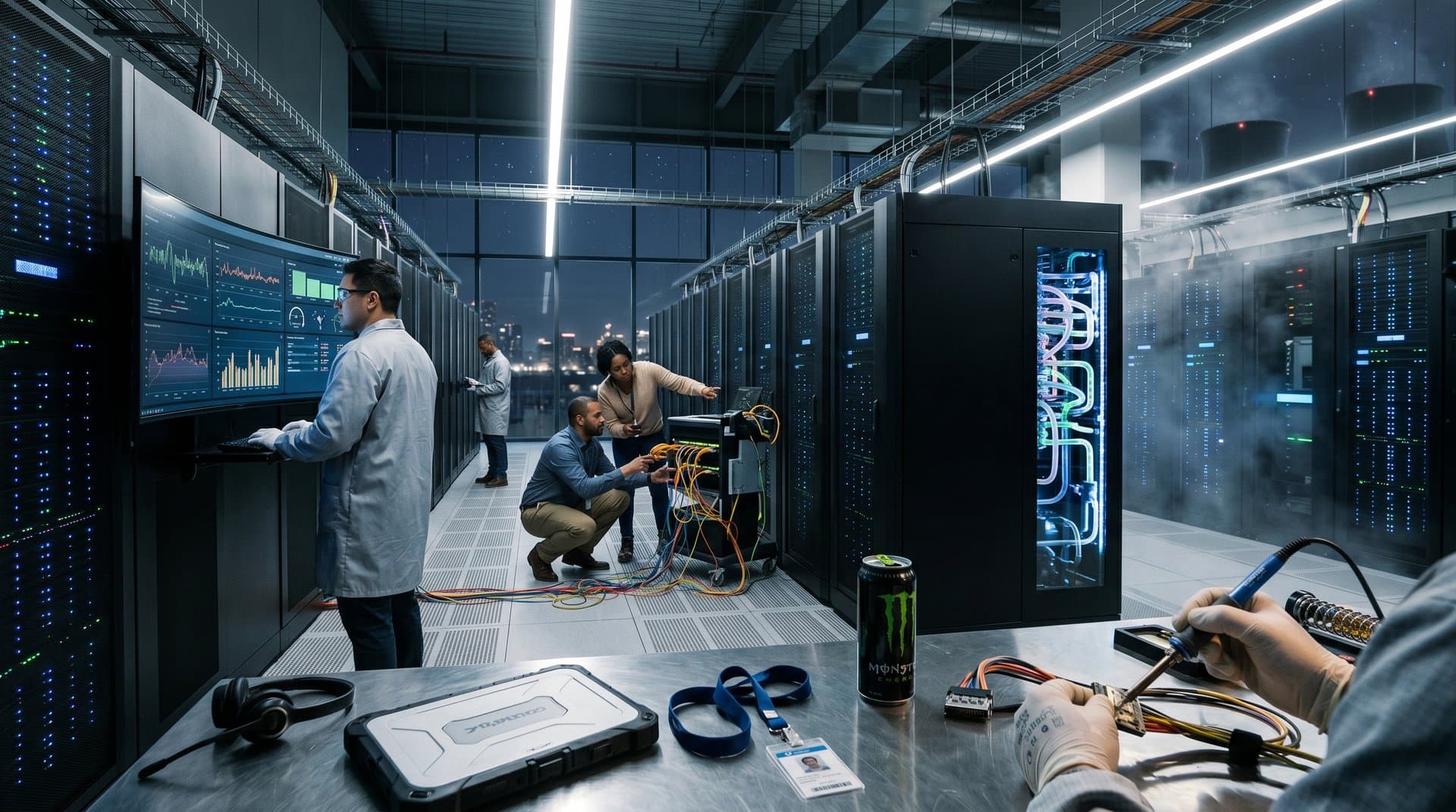 NVIDIA Blackwell and AMD Instinct GPU servers in a high-tech data center with LED lights and fiber cables