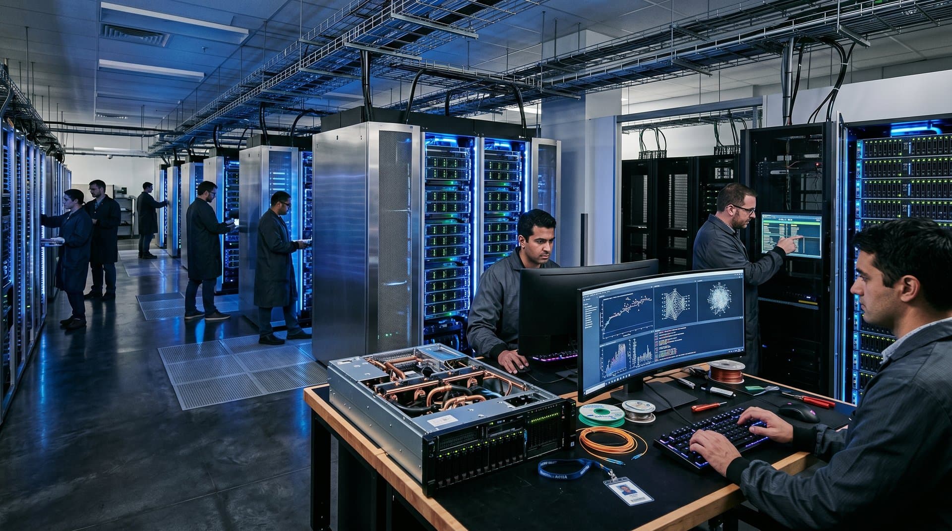 NVIDIA GPU server racks and AI compute hardware in modern tech lab under LED lights