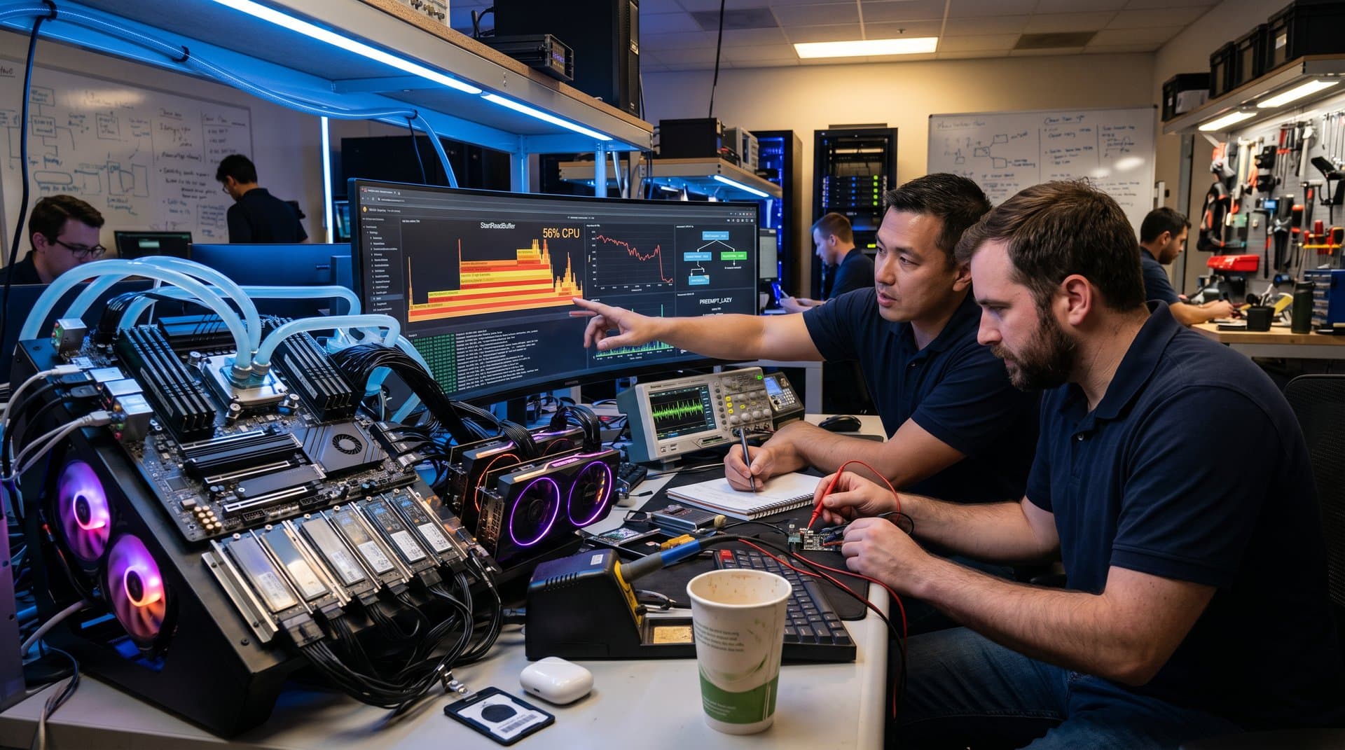 PC test bench with Graviton4 CPU, perf graphs showing Linux 7.0 PostgreSQL TPS regression