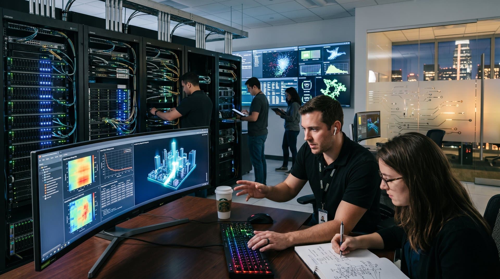 AI lab with GPU server racks glowing blue, ultrawide monitor showing neural networks and code, modern workspace desk with tech gear