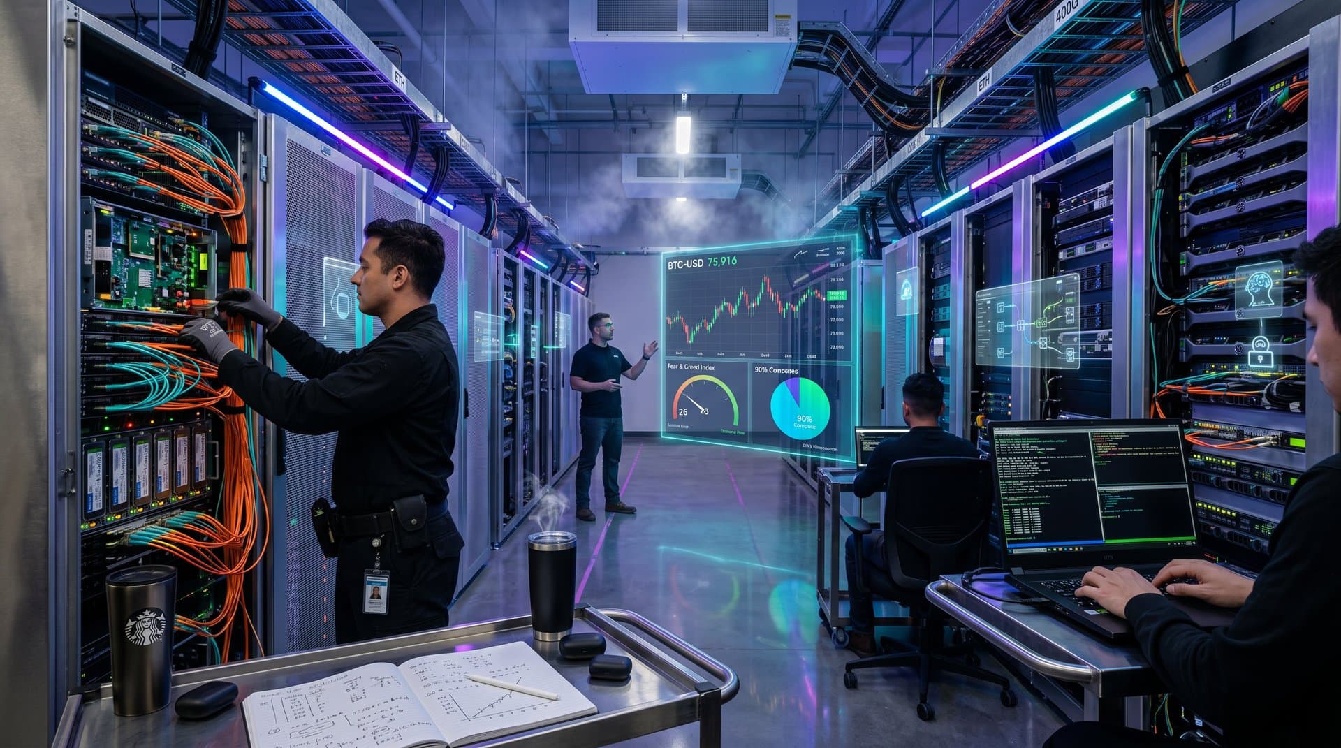 AWS data center racks with Bedrock AgentCore dashboards and PC proxy graphs under LED lights