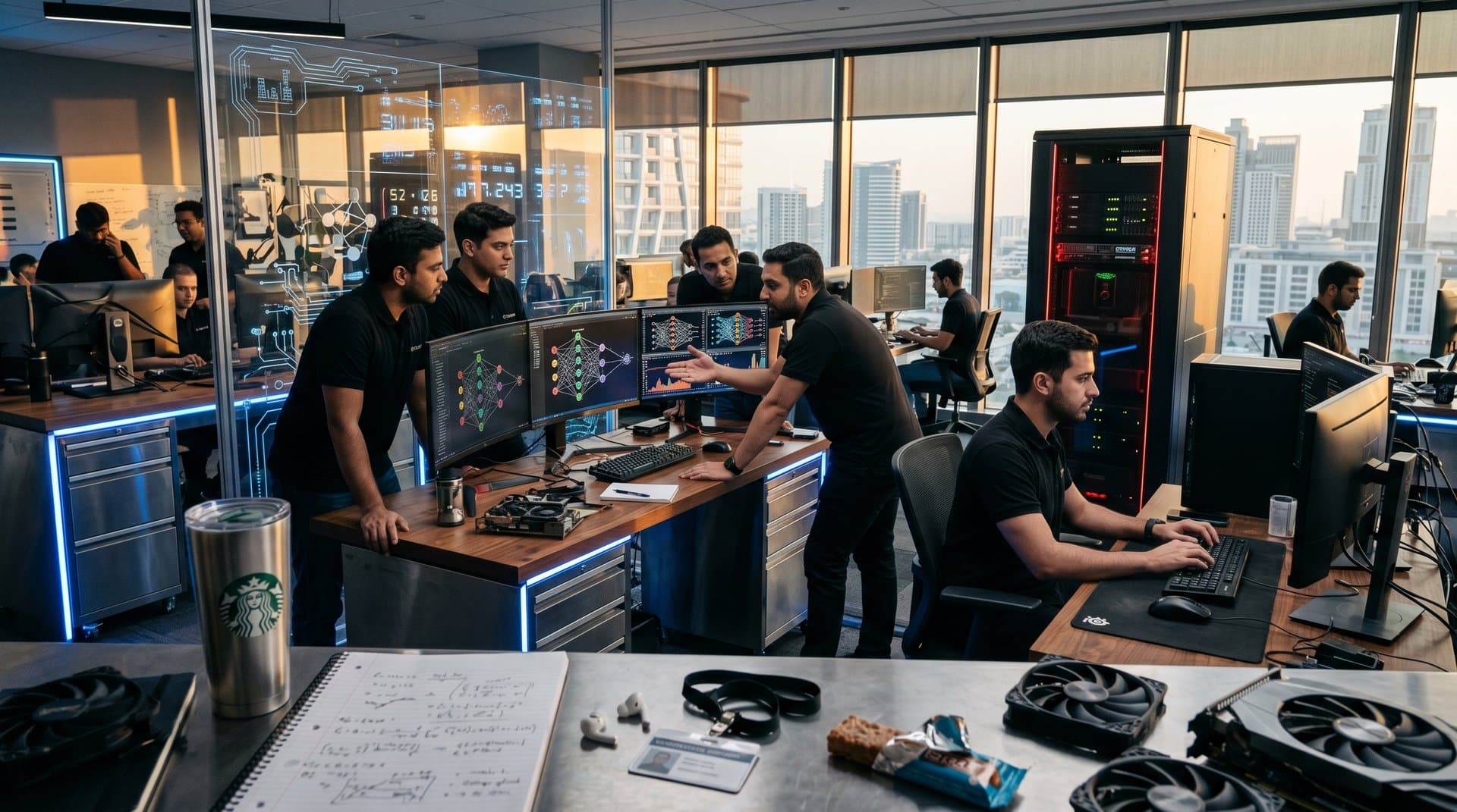 Enterprise AI lab featuring DGX H200 servers, benchmark displays on multi-monitors, NPU hardware prototypes, sleek modern office design