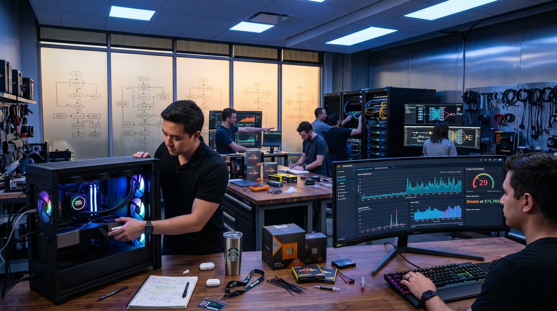 PC hardware bench with gaming rig, Bedrock dashboards, crypto charts, and components in high-tech lab under LED lights