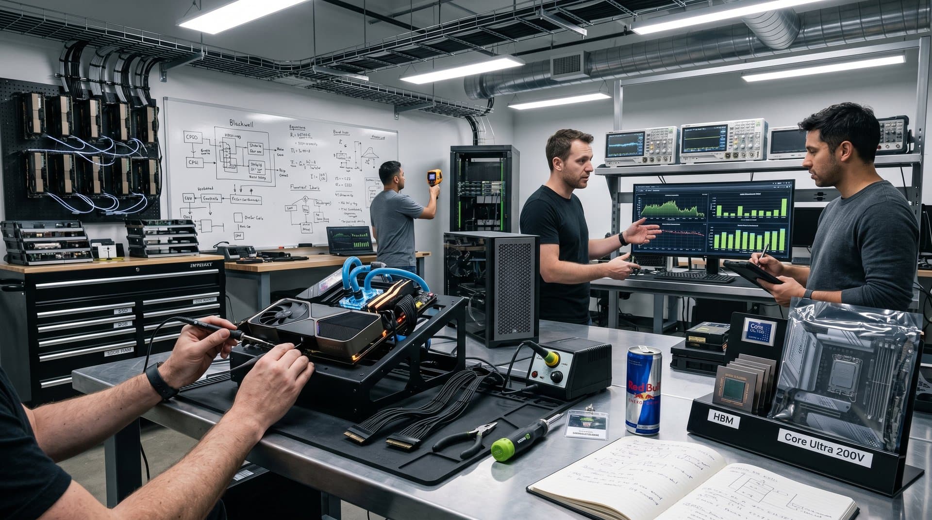 PC builders assemble NVIDIA GPU AI rigs with H100 clusters and Ryzen AI PCs in high-tech workshop