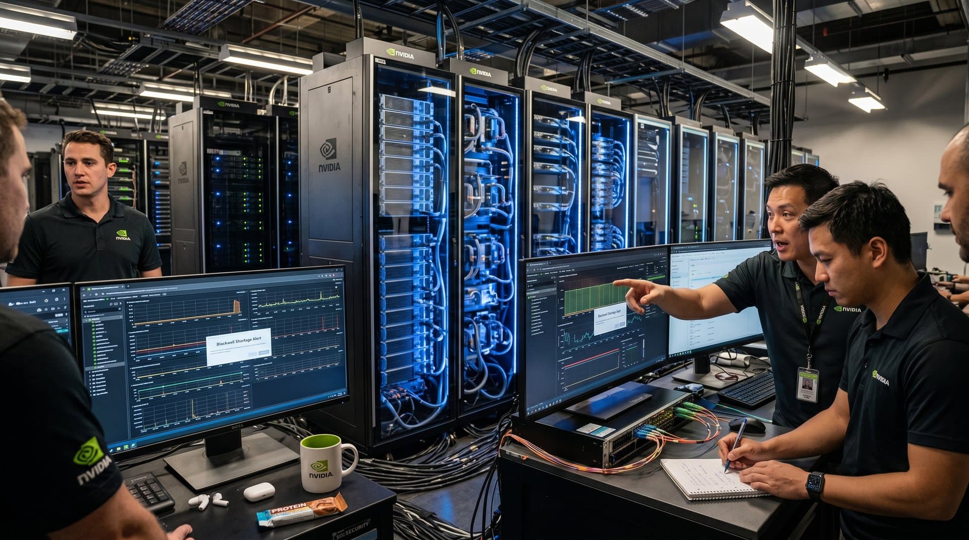 NVIDIA Blackwell GPU server racks in data center with liquid cooling, monitors showing benchmarks, highlighting AI hardware boom