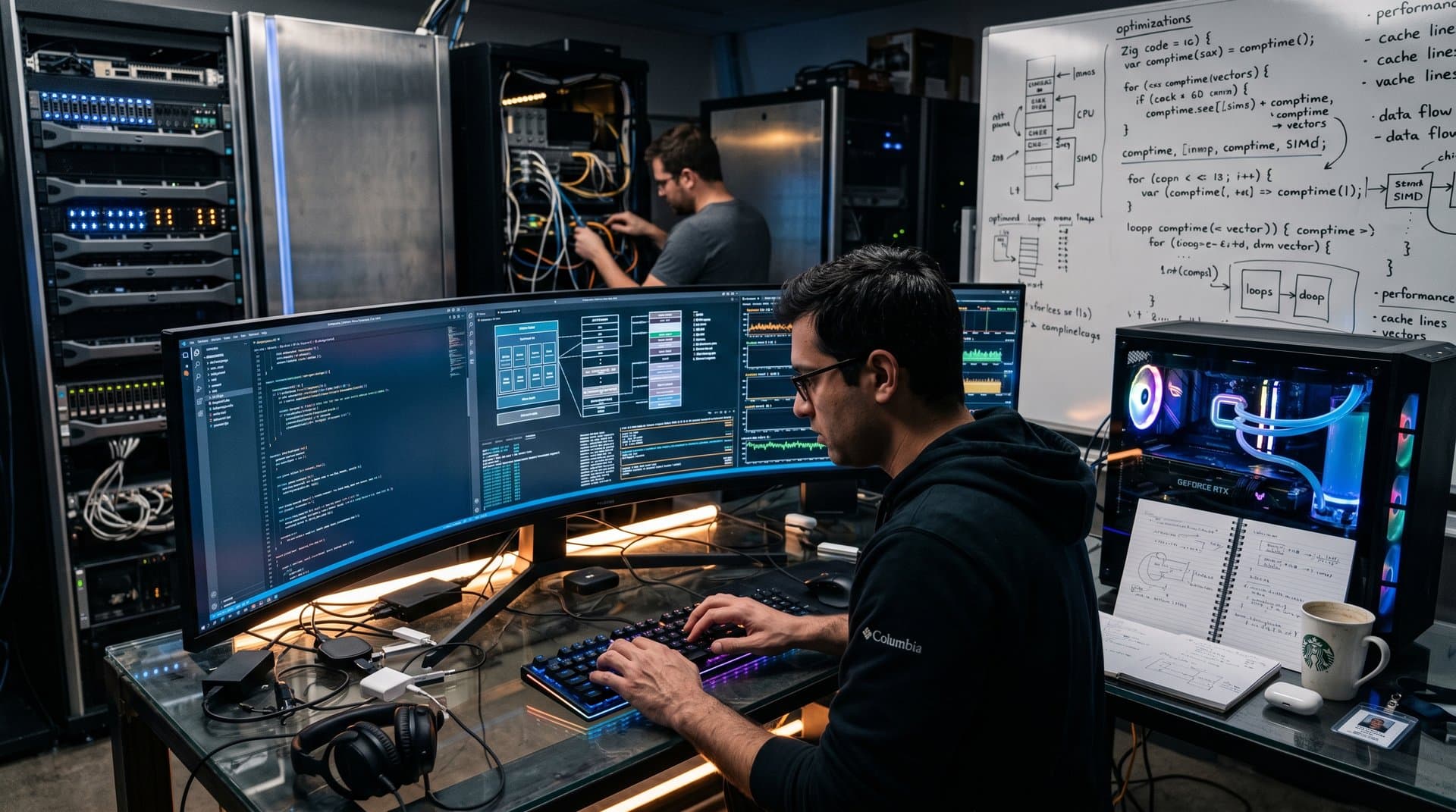 PC workstation displaying Zig code and hardware diagrams in a high-tech lab setup