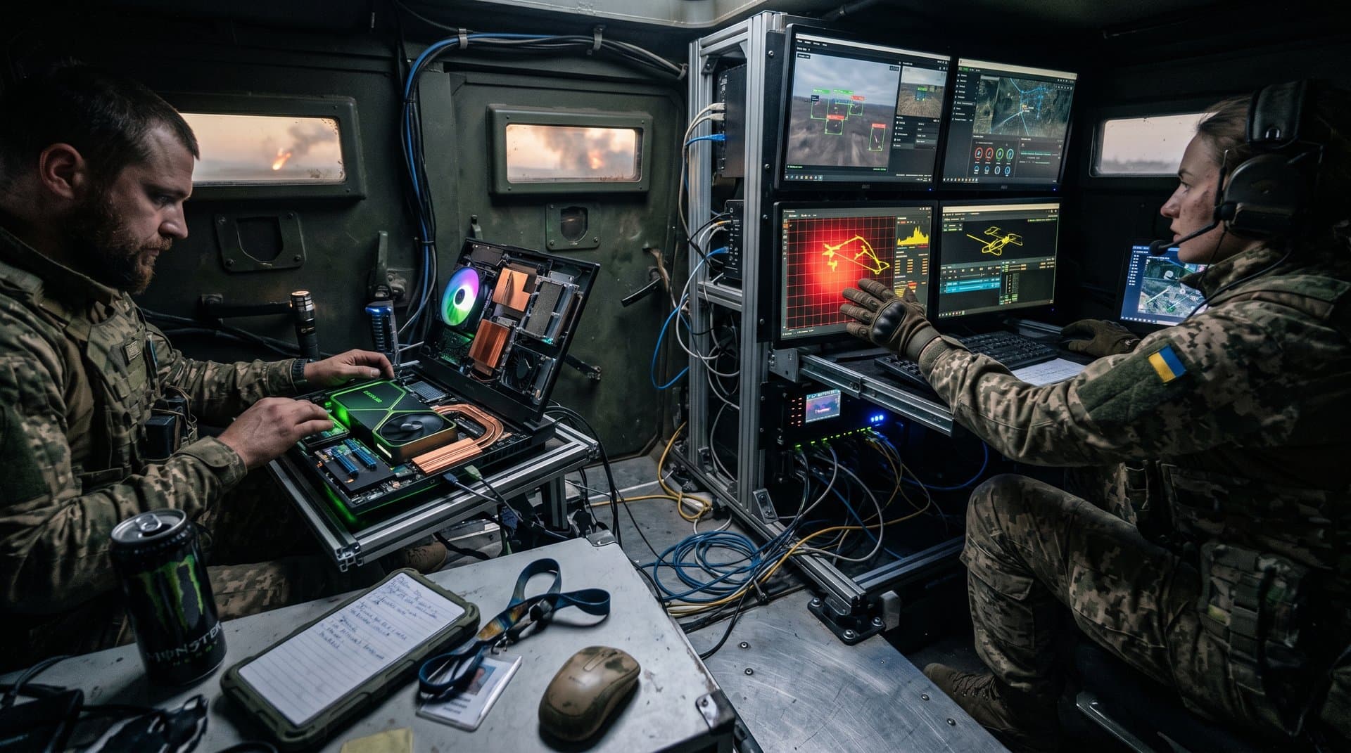 Rugged PC with NVIDIA RTX 4090 GPU in armored vehicle showing Ukraine battlefield AI drone interfaces and edge computing setup