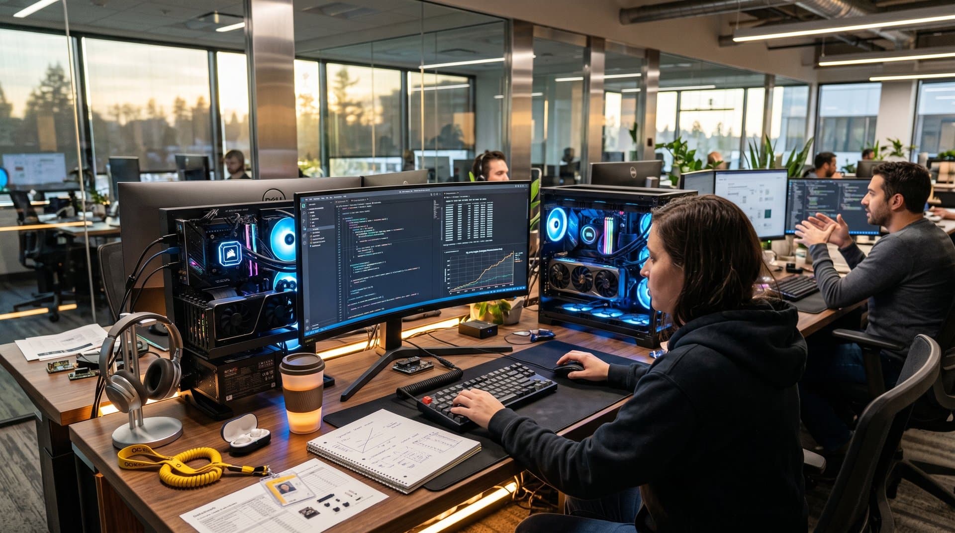 PC gaming rig displaying Zig language code, binary comparisons, and hardware profilers on ultrawide monitor