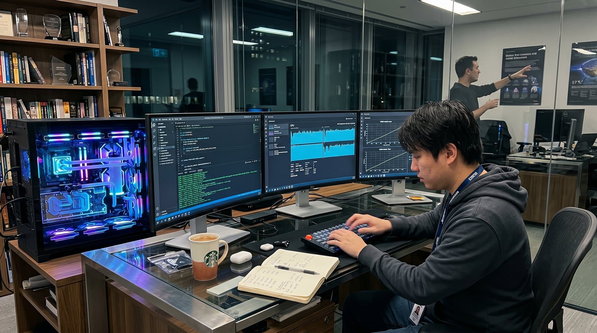 PC workstation rig with RTX 4090 GPU, GCC 16 compiler output on monitors showing OpenMP 6.0 and CUDA optimizations