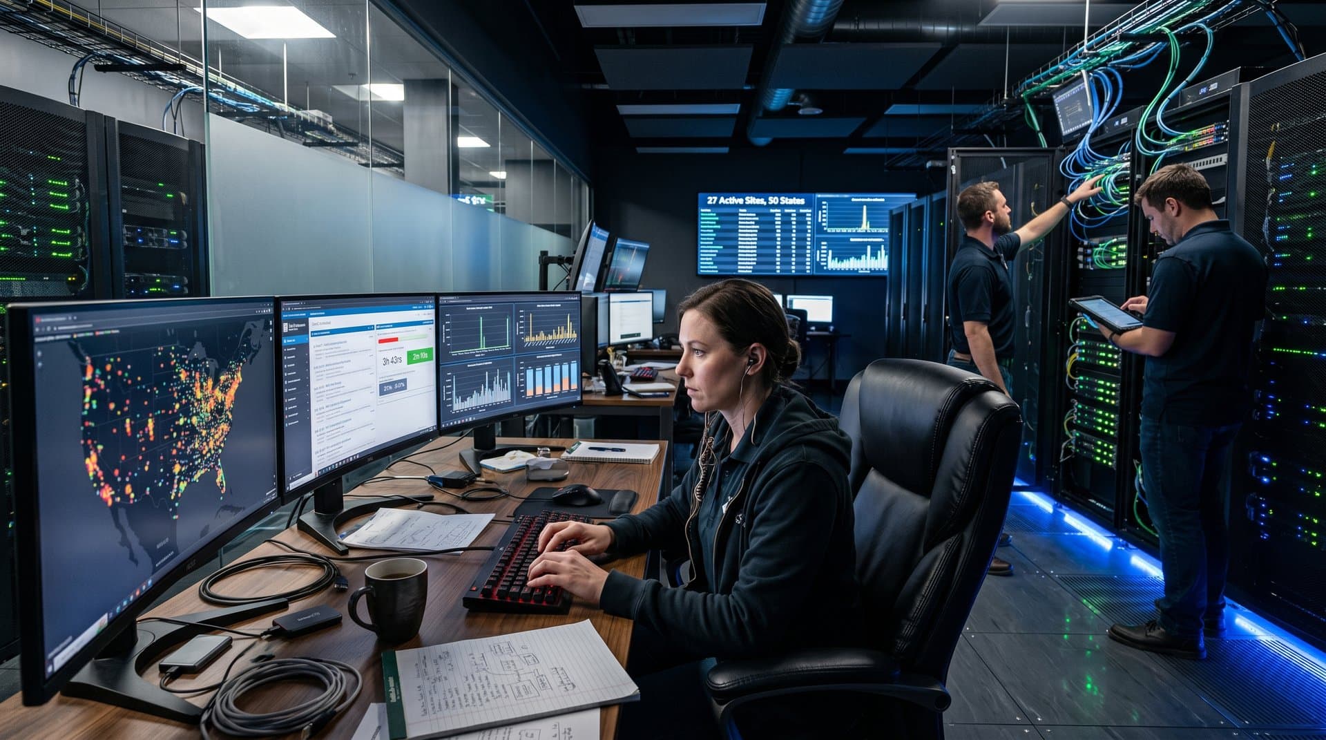 Analyst at multi-monitor desk in data center scans BidProwl US government auction listings amid server racks and equipment