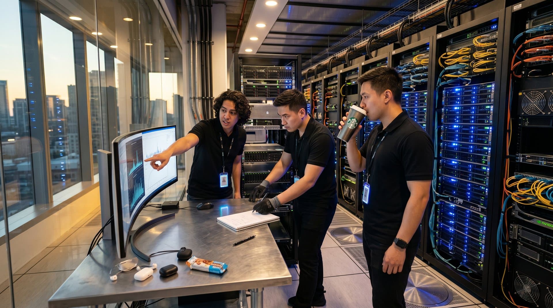Server racks with NVIDIA H100 GPUs and training dashboards in a modern AI data center with premium desks and monitors