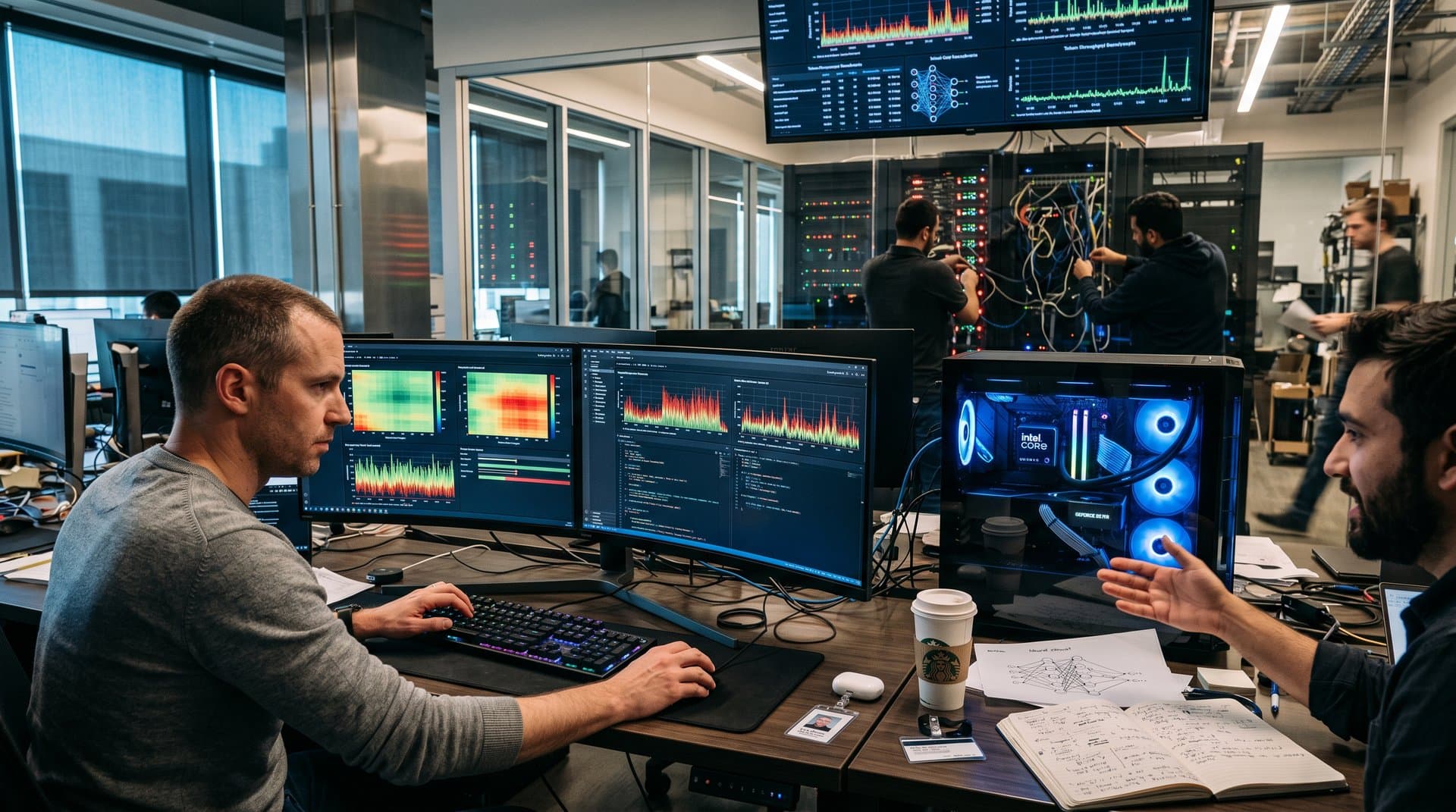 PC workstation running AI slop detection software on multi-monitor setup with GPU benchmarks