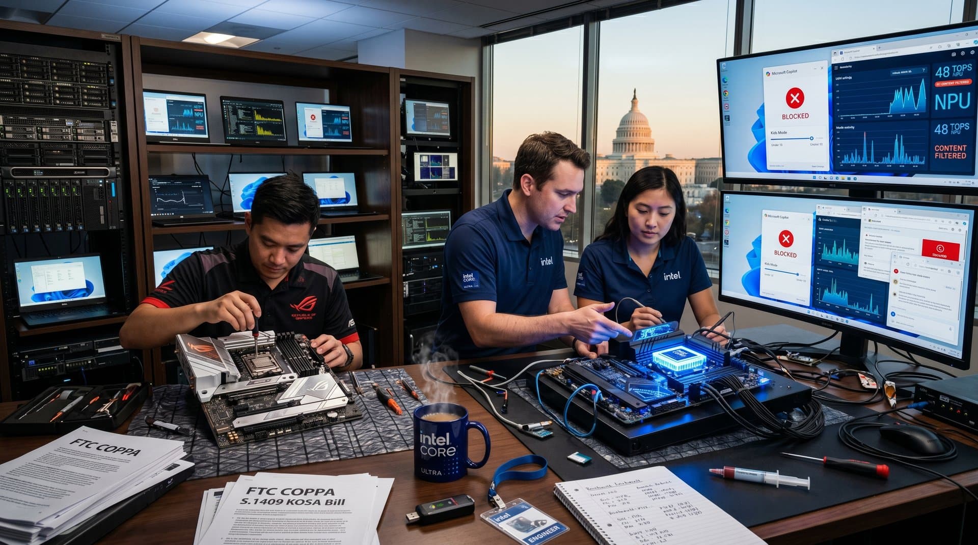 PC hardware test bench featuring NPU motherboards, parental control screens, and AI regulation documents