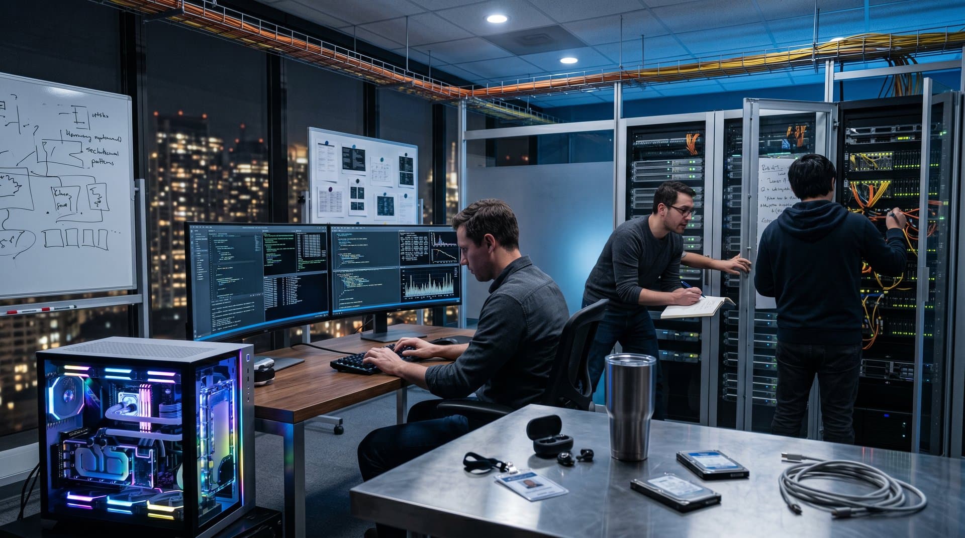 AI training PC workstation with RTX 5090 GPU, monitors showing PyTorch code, NVMe drives in modern lab setup