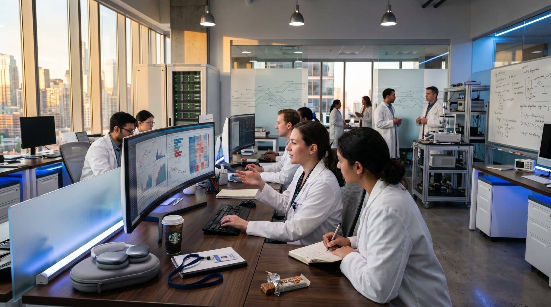 High-tech lab with PC workstations displaying AI triage dashboards on multi-monitor setups under modern lighting.