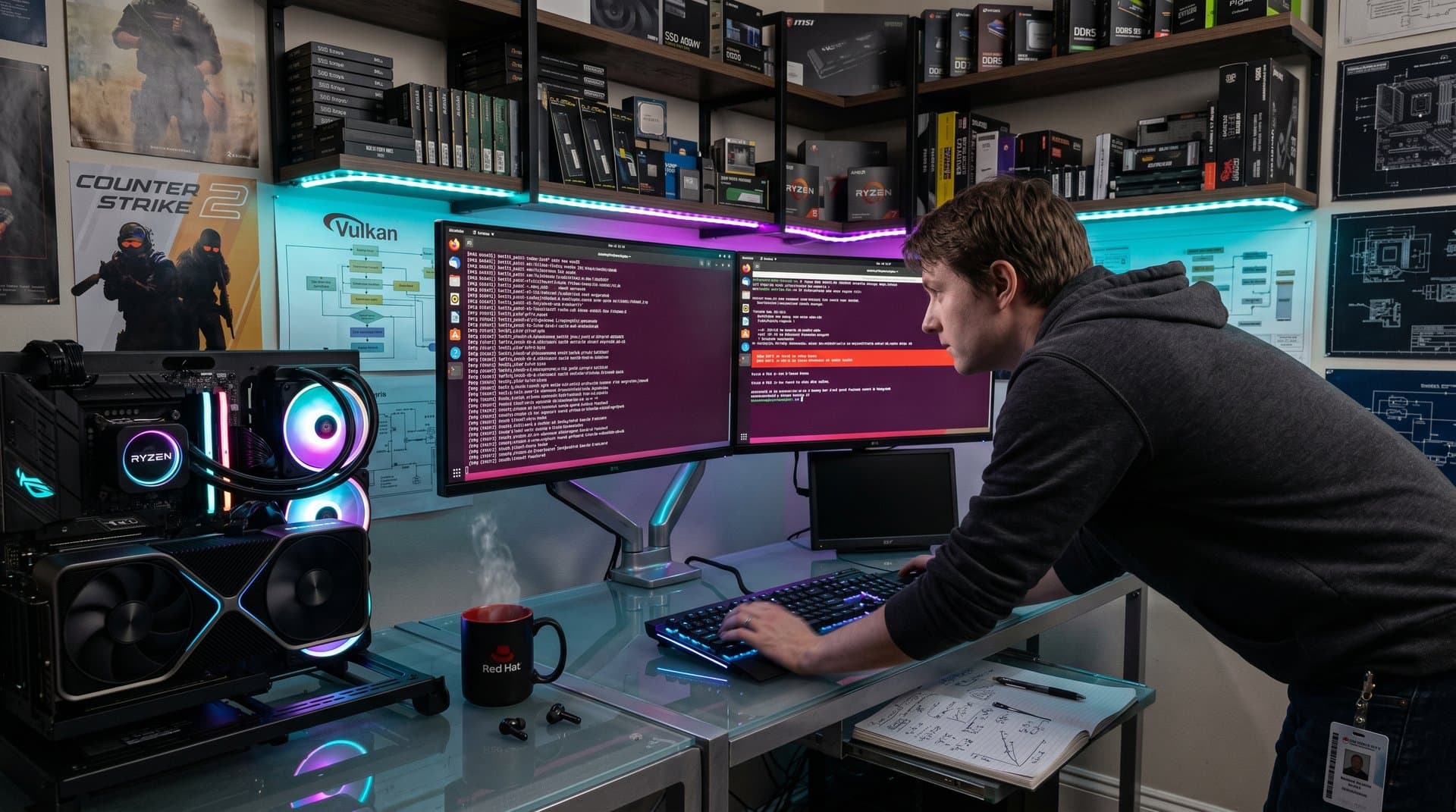 Gamer patches kernel rootkit vulnerability on Ubuntu gaming PC with RTX GPU, monitors show test script and logs amid RGB hardware setup.