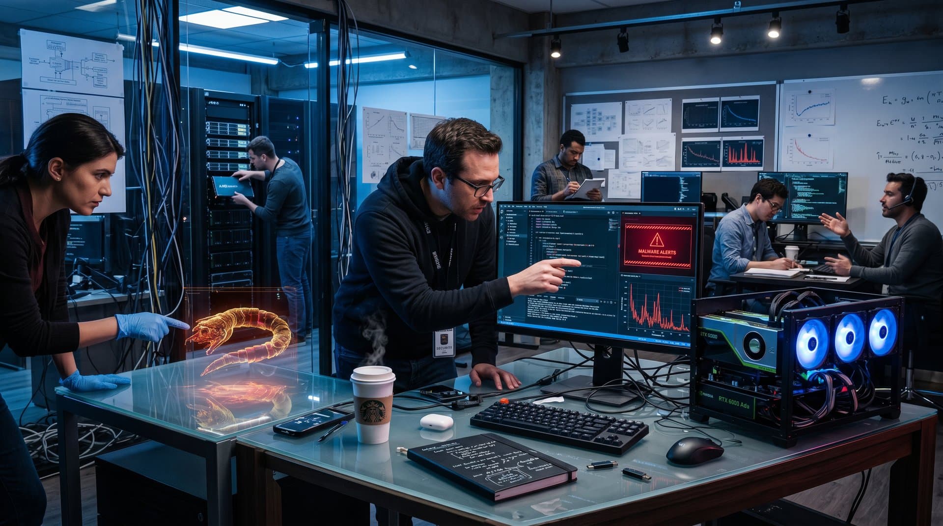 AI workstation with RTX GPUs displaying PyTorch code on ultrawide monitor amid lab server racks and developer tools