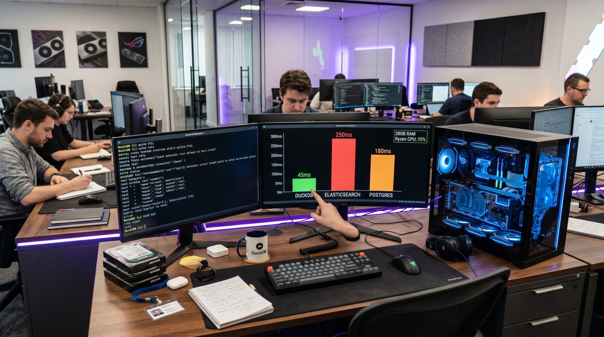 Enthusiast PC setup displaying DuckDB full-text search queries and email search results amid glowing hardware components