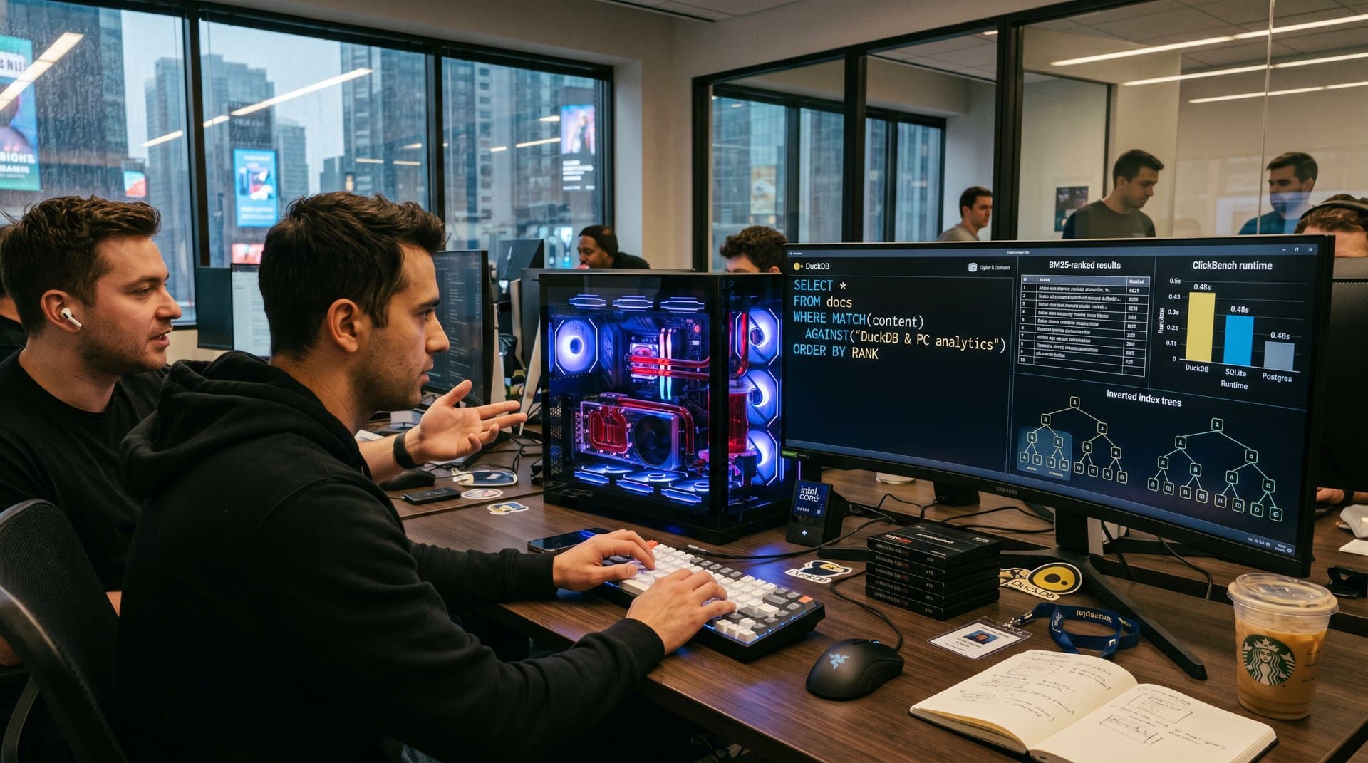High-end PC rig displaying DuckDB full-text search queries and 0.48s benchmarks on dual monitors in a tech workspace