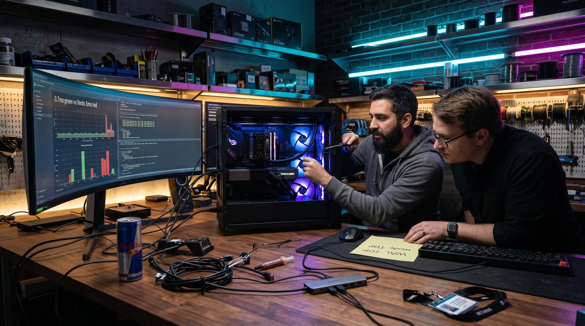 Gaming PC rig with monitors showing Honker SQLite benchmarks and pub/sub code in neon-lit workshop