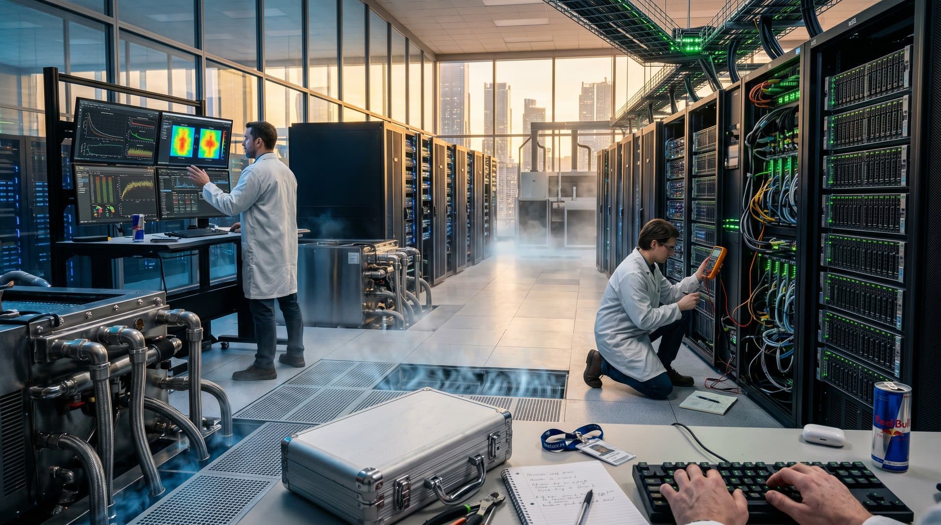 NVIDIA H100 GPU server racks in modern data center with cooling systems and monitoring screens