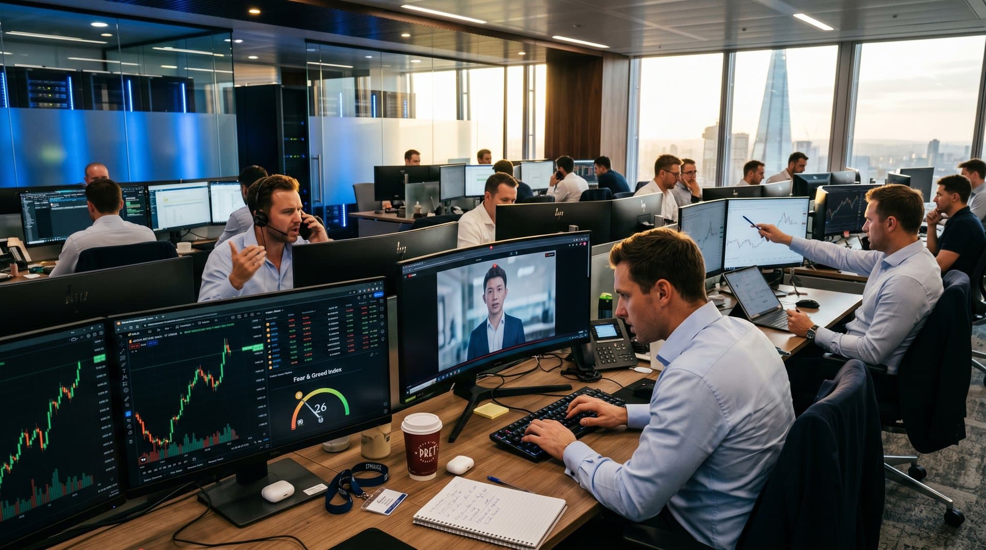 Glitchy AI job interview on trading desk monitor amid crypto charts and fintech office scene