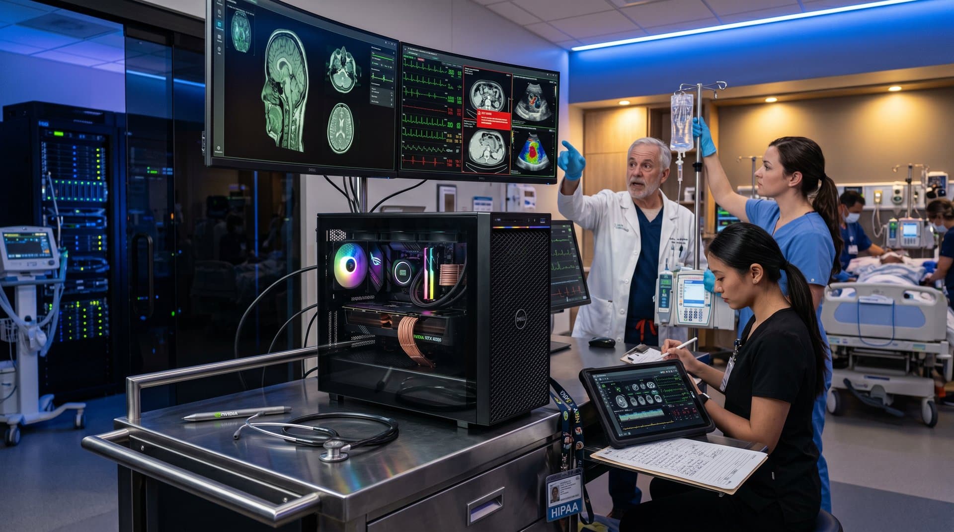 RTX 4090 workstation powers bedside AI diagnostics with real-time scans on medical monitors