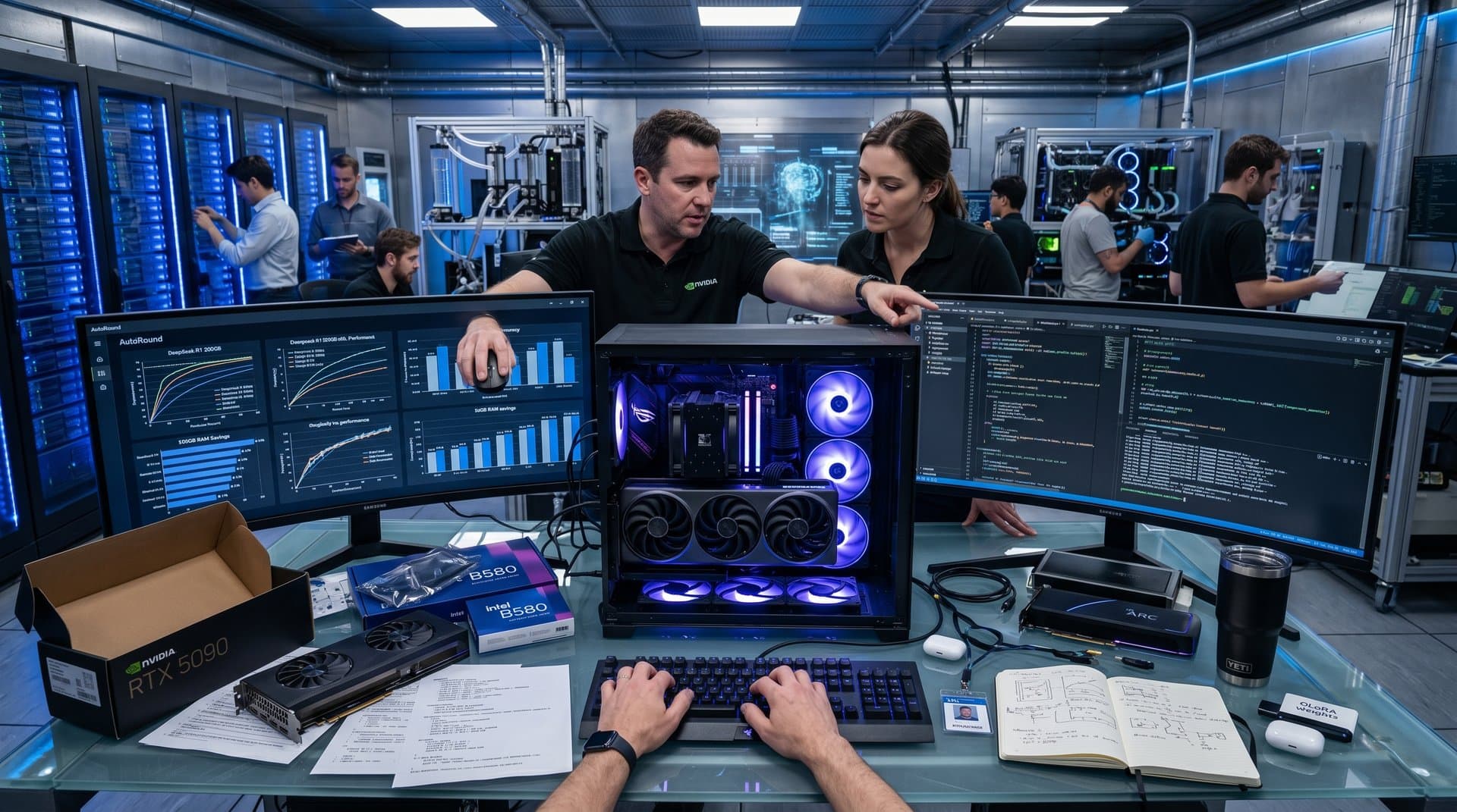 PC workstation with RTX 5090 GPU and monitors displaying AutoRound LLM quantization graphs at 97.9% accuracy, GPU boxes and config files in modern lab