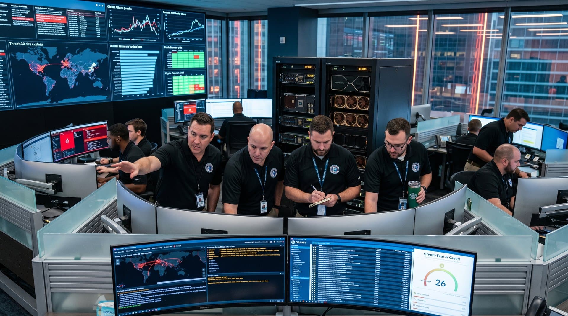 Cybersecurity team monitors AI hacking threats in modern SOC with monitors, servers, and blue lighting