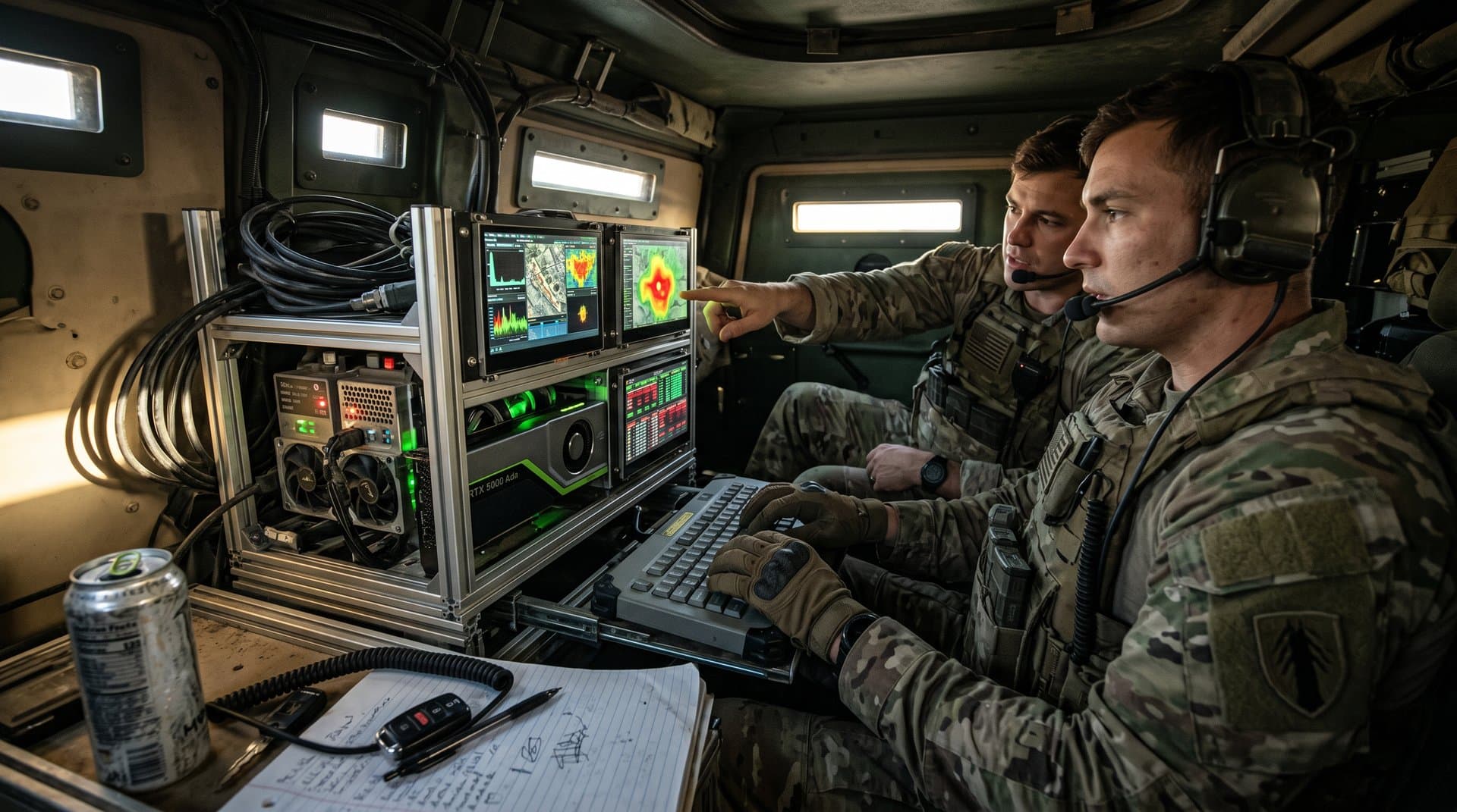Rugged NVIDIA RTX and AMD Instinct GPUs in military PC workstation inside armored vehicle with AI tactical displays