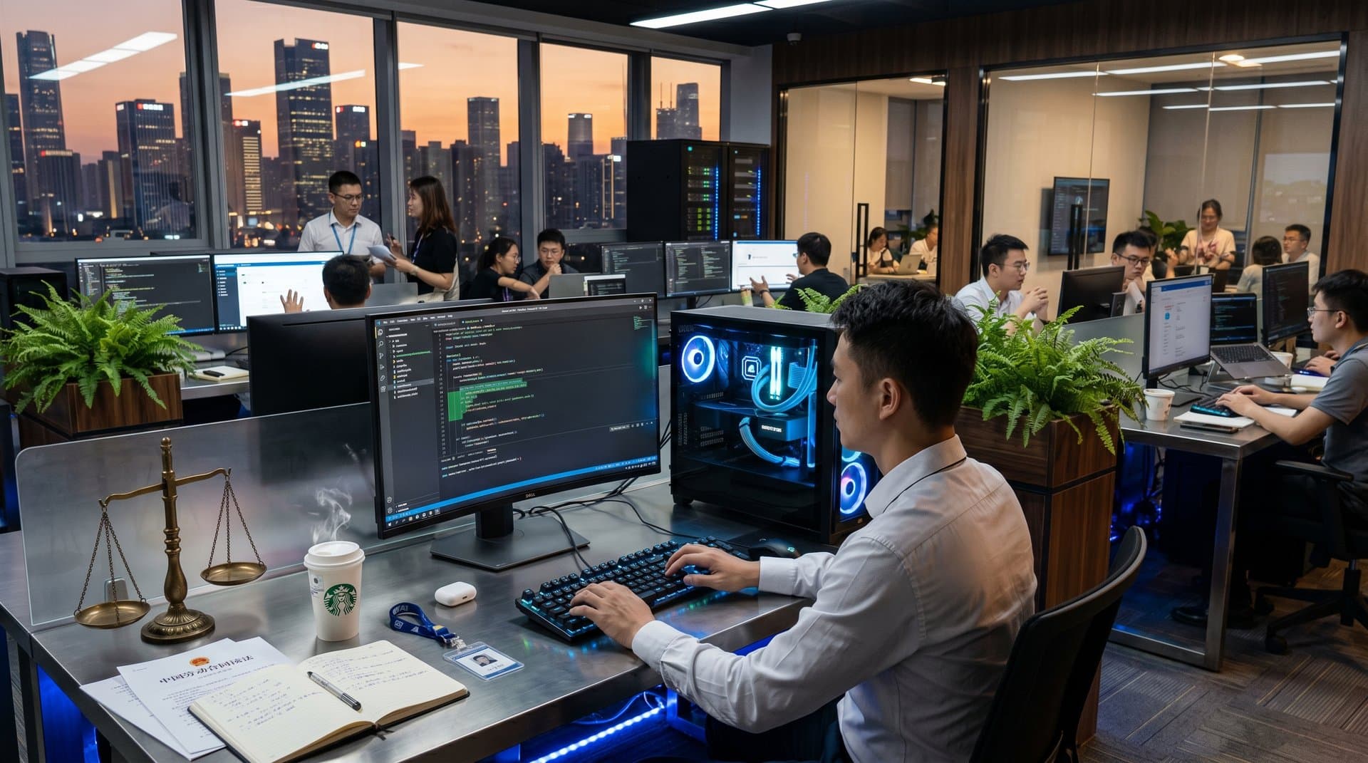 Shenzhen office PC setup with GitHub Copilot in VS Code and legal documents on desk
