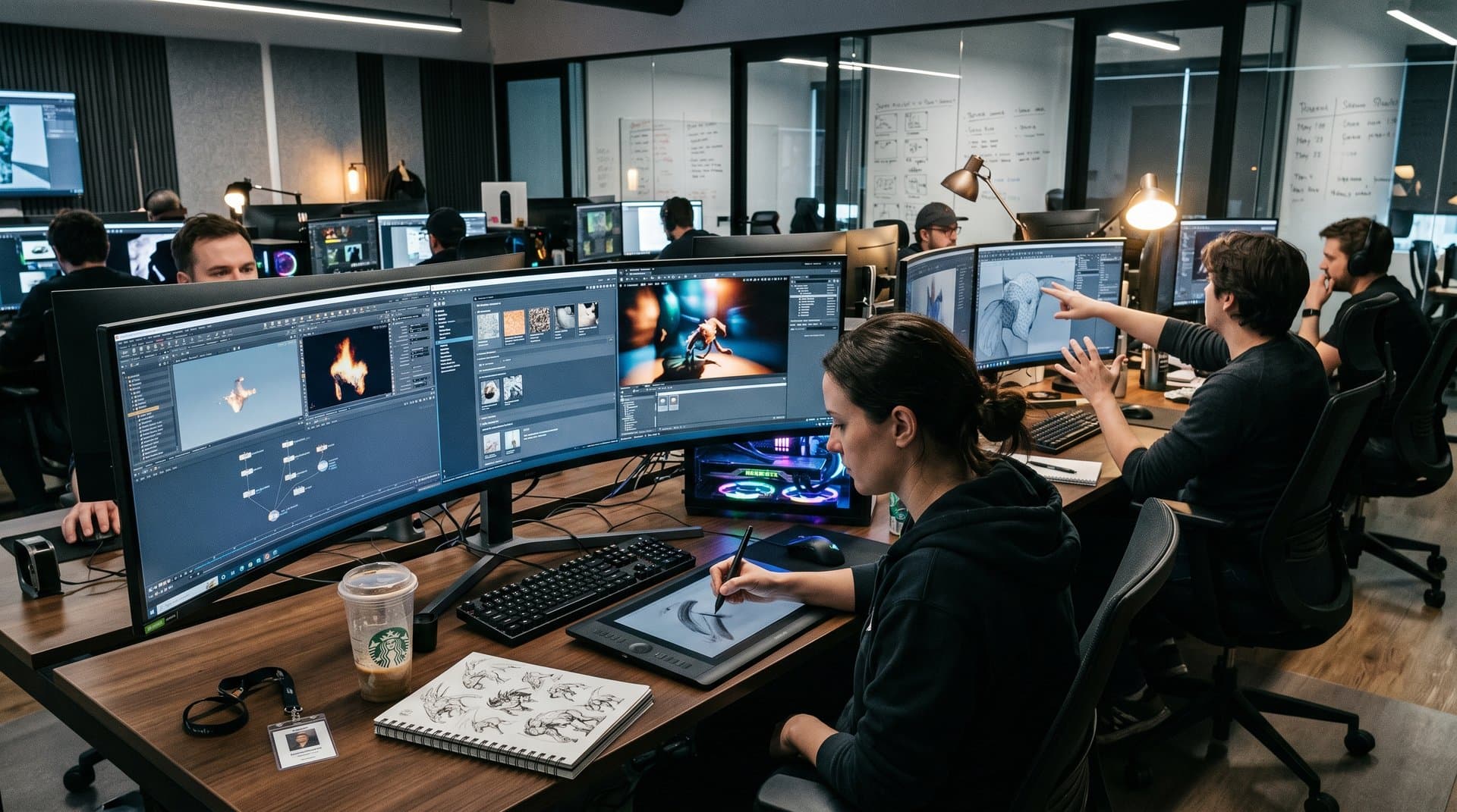 VFX studio PC workstation with RTX GPUs rendering ray-traced scenes on ultrawide monitors amid creative desks