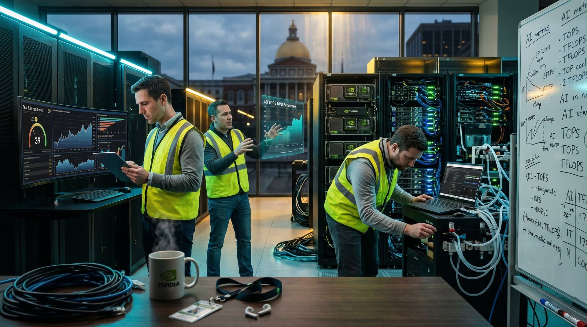 IT engineers inspect NVIDIA GPU servers in a bustling Tier IV data center with monitors showing AI metrics and cooling systems active
