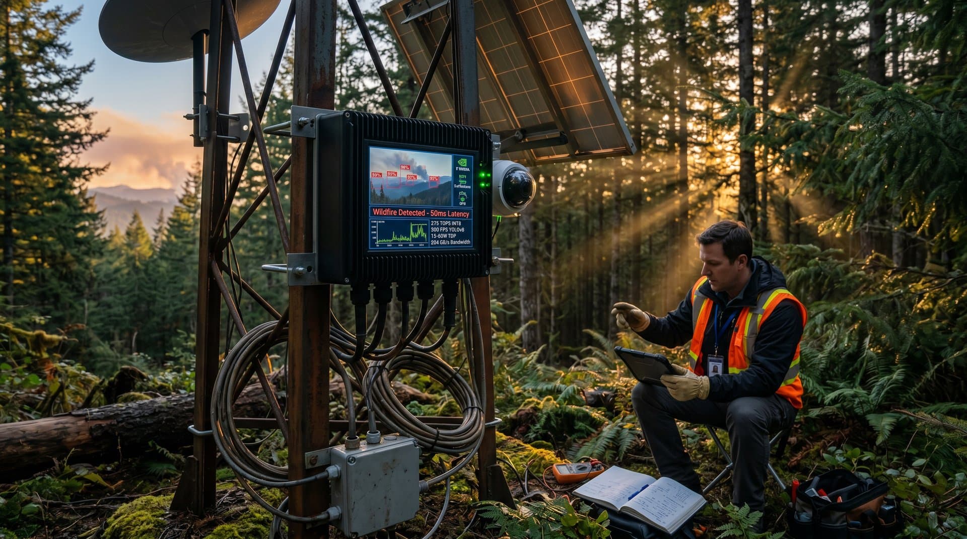 Rugged mini PC on forest camera tower displays AI wildfire detection overlays amid solar panels and trees