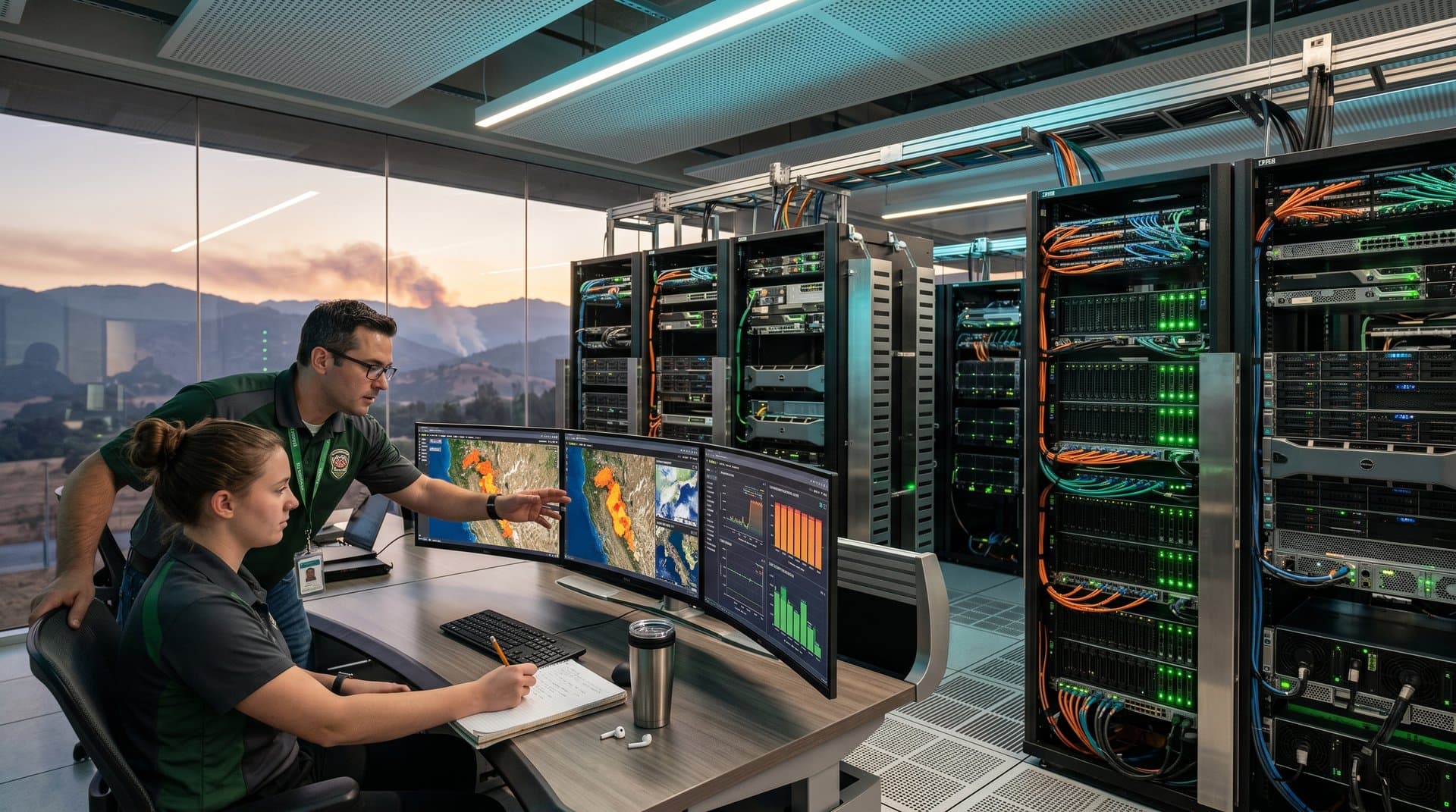 NVIDIA GPU servers processing AI wildfire detection data in modern data center