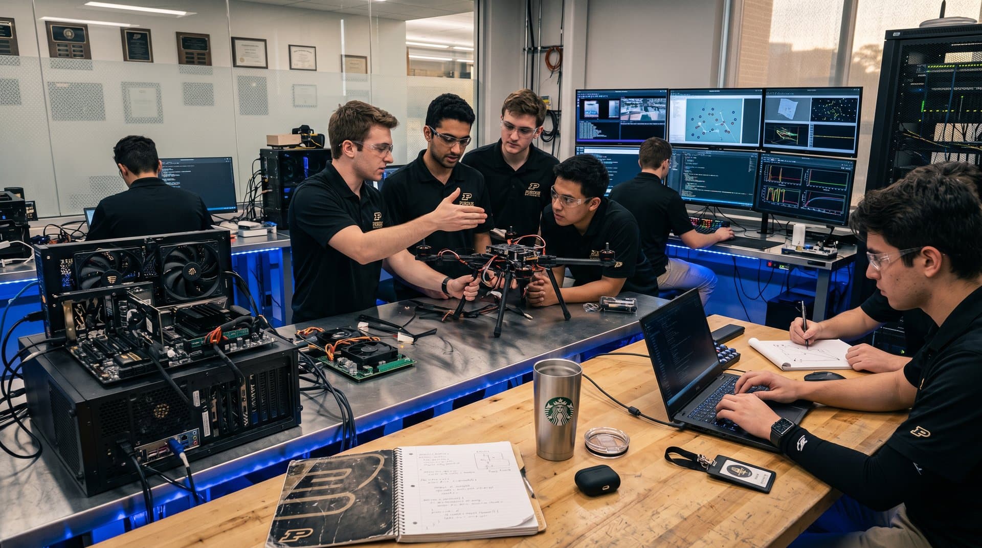 Purdue engineers integrate Jetson PC modules into drone prototypes on multi-monitor workstations in advanced lab