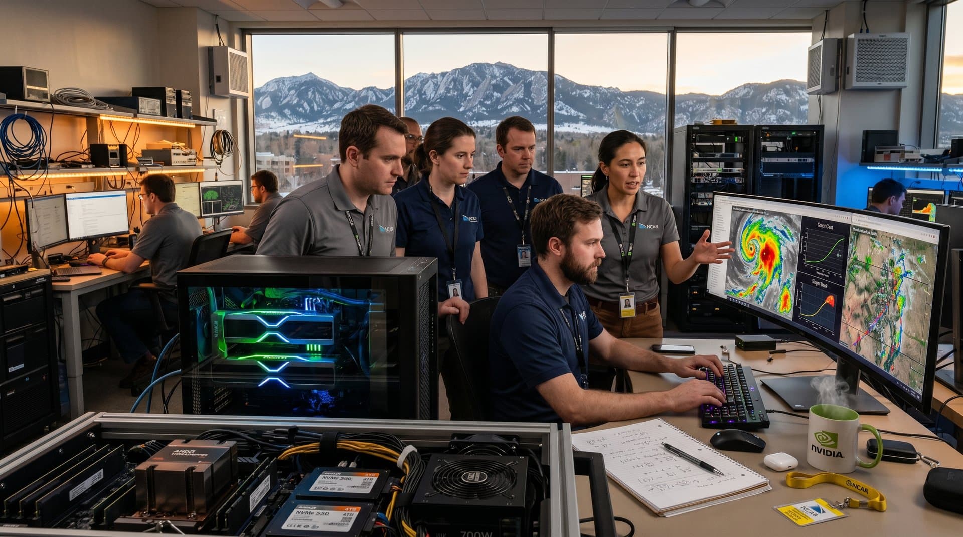 NCAR lab featuring GPU-heavy AI workstations powering weather simulations amid Rocky Mountain views