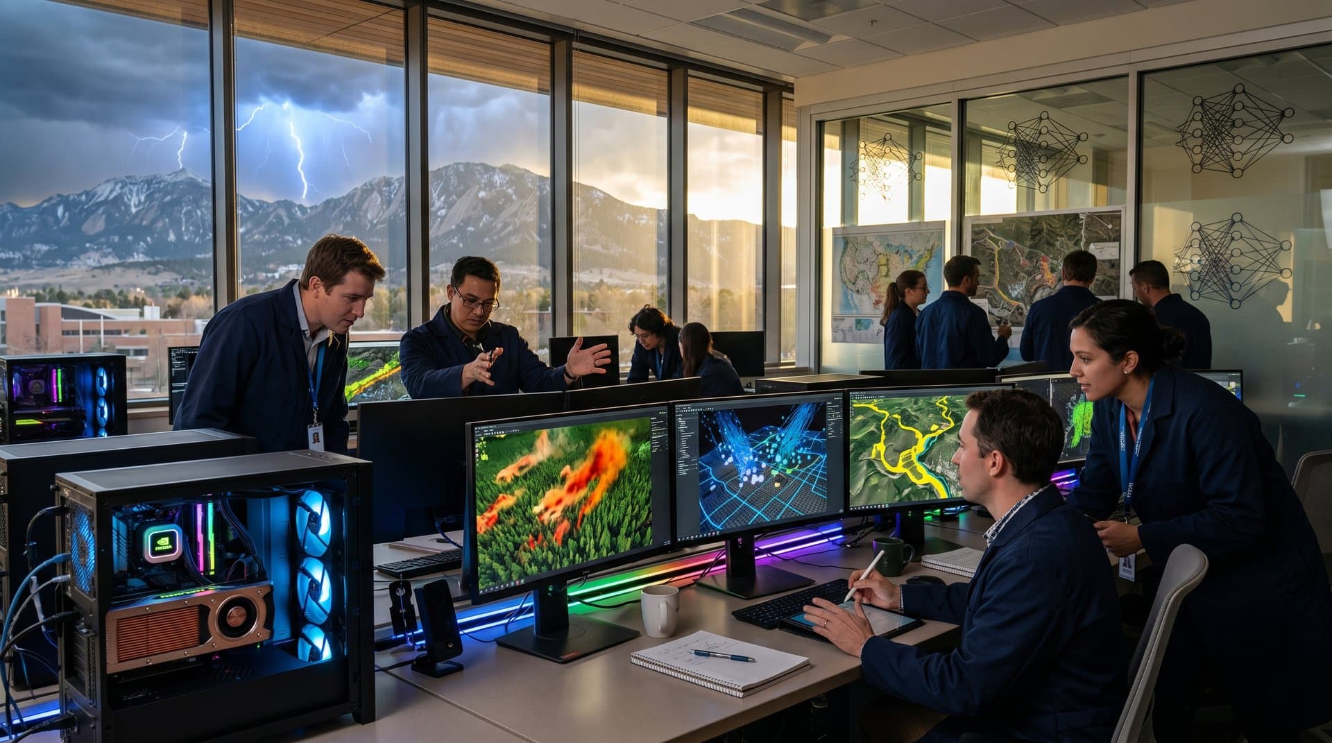 Meteorologist analyzes AI weather models on multi-monitor workstation amid NCAR lab's GPU racks and visualization screens