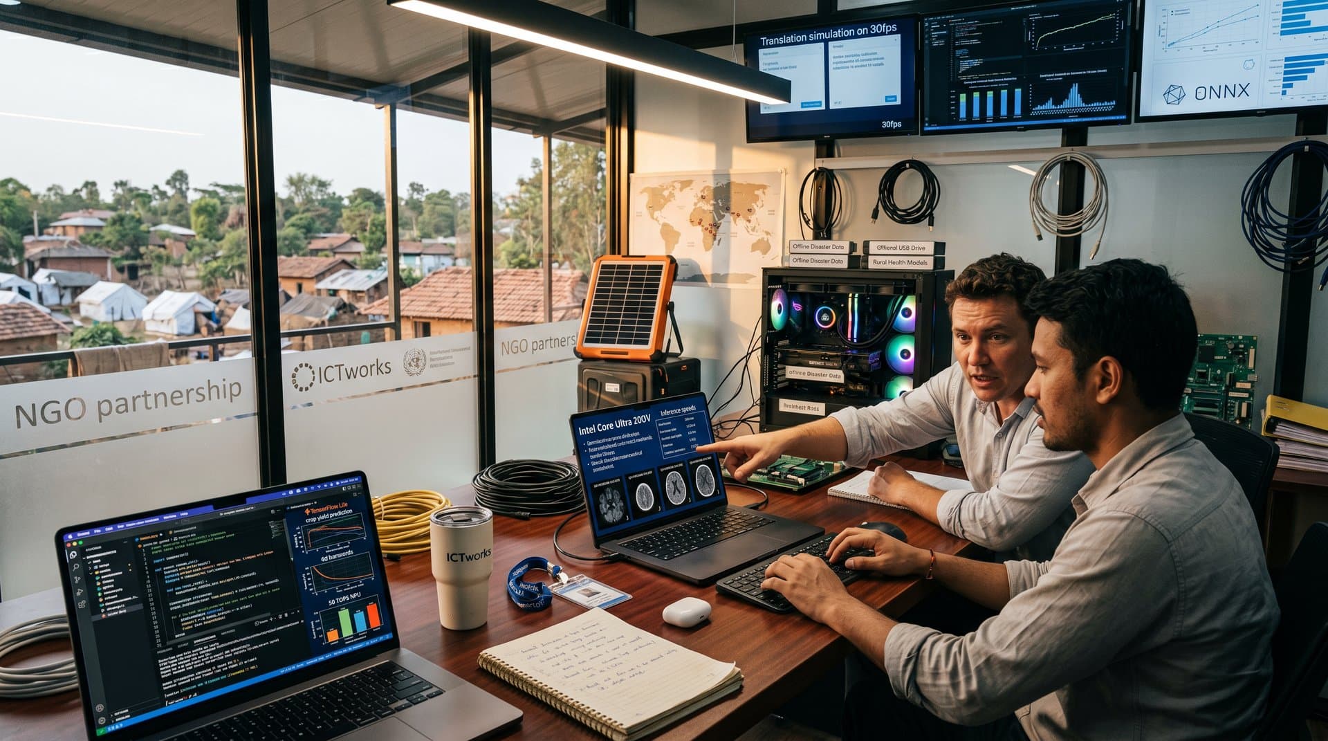 PC workstation with Ryzen laptop running humanitarian AI code, Intel desktop benchmarks, solar charger, and world map in tech lab