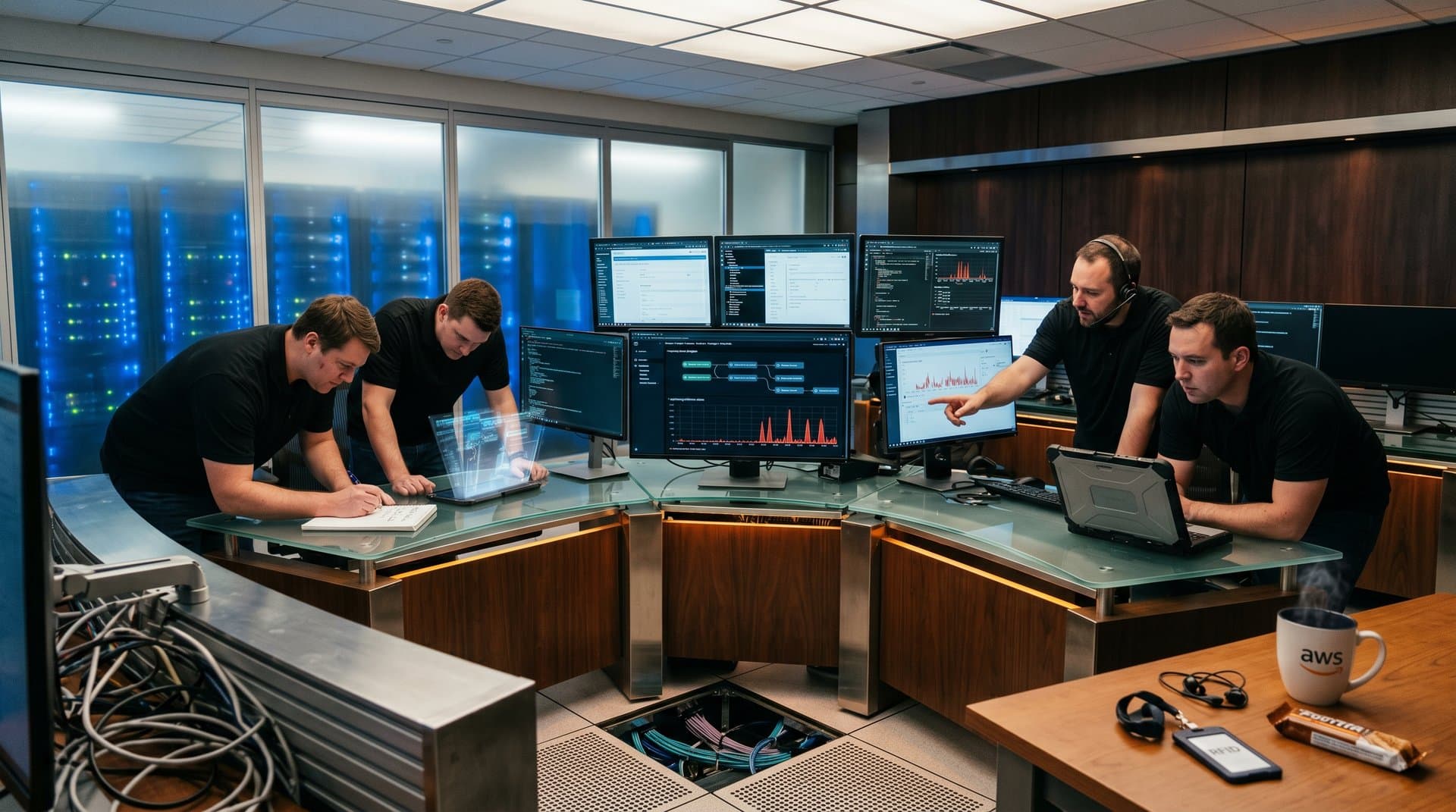 Multi-monitor setup in AWS control room showing SageMaker dashboards, GPU metrics, and server racks for capacity-aware inference